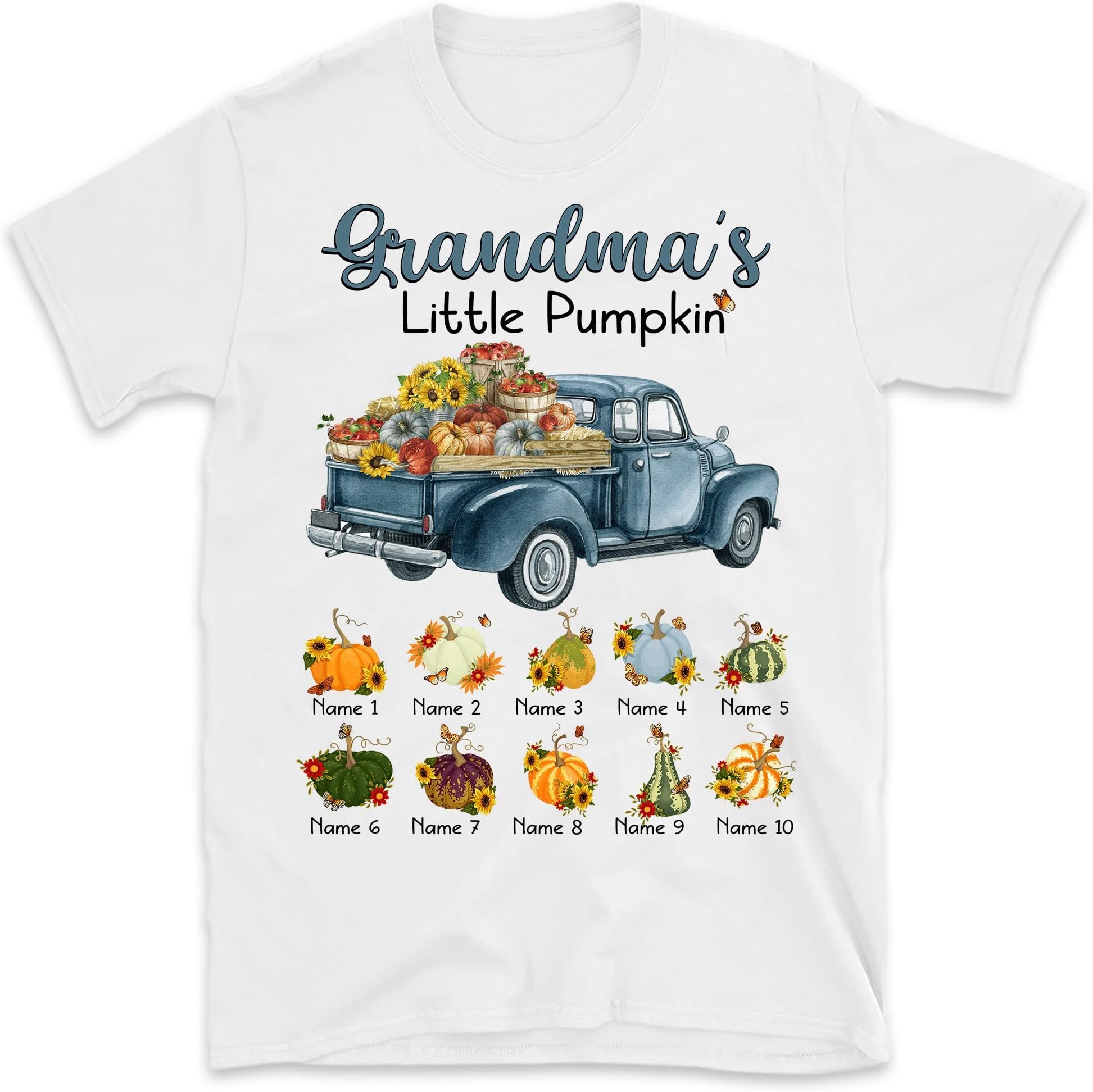 Personalized Grandma Little Pumpkin Shirt, Custom Grandma Nana Mimi Shirt for Fall, Truck Pumpkin Fall Cute Grandma Shirt with KidNameDay