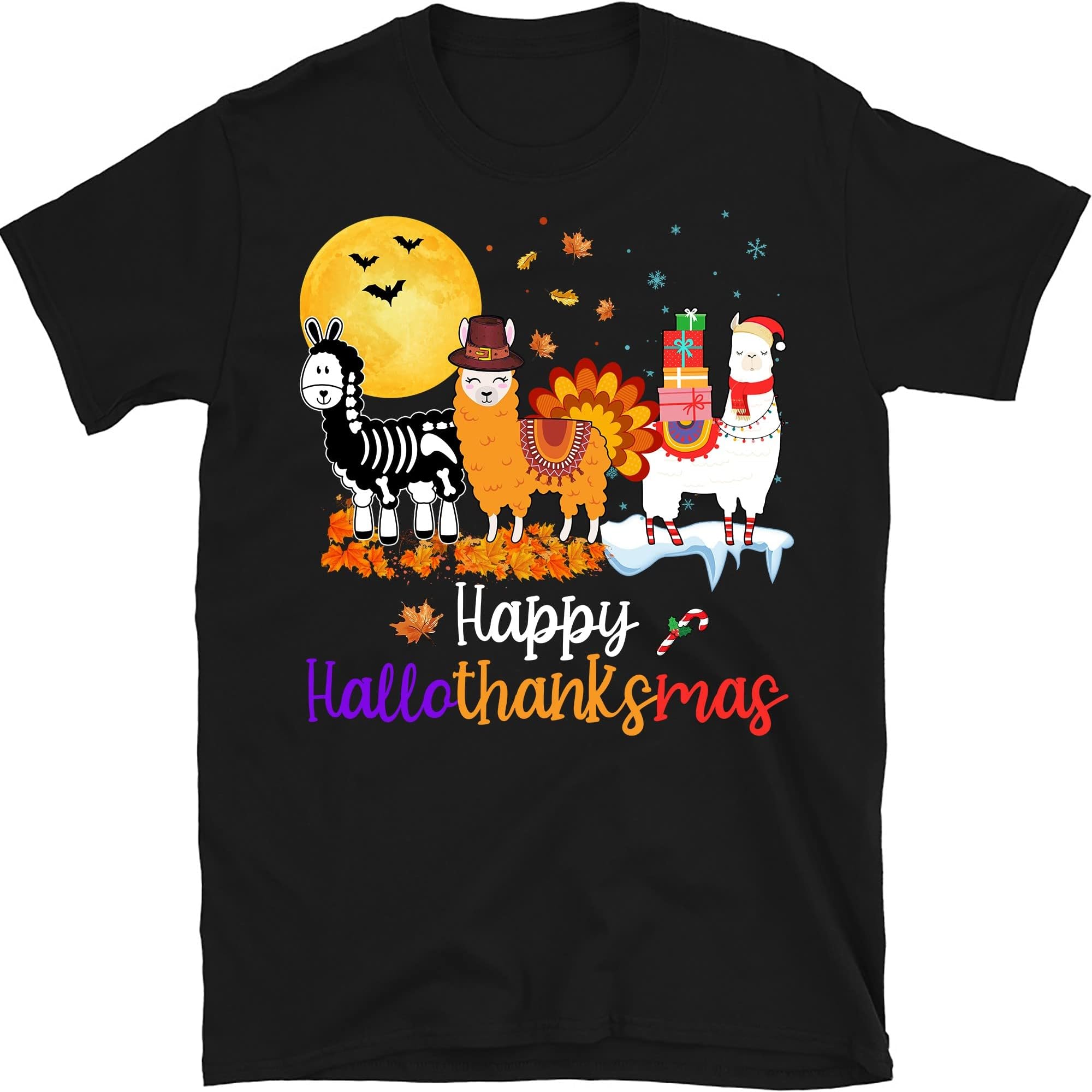 Hallothanksmas Shirt, Halloween Llama, Thanksgiving Tee, Funny Christmas Tee, Happy Halloween Tee, Ugly Christmas Tee, Llama – Black/X-Large