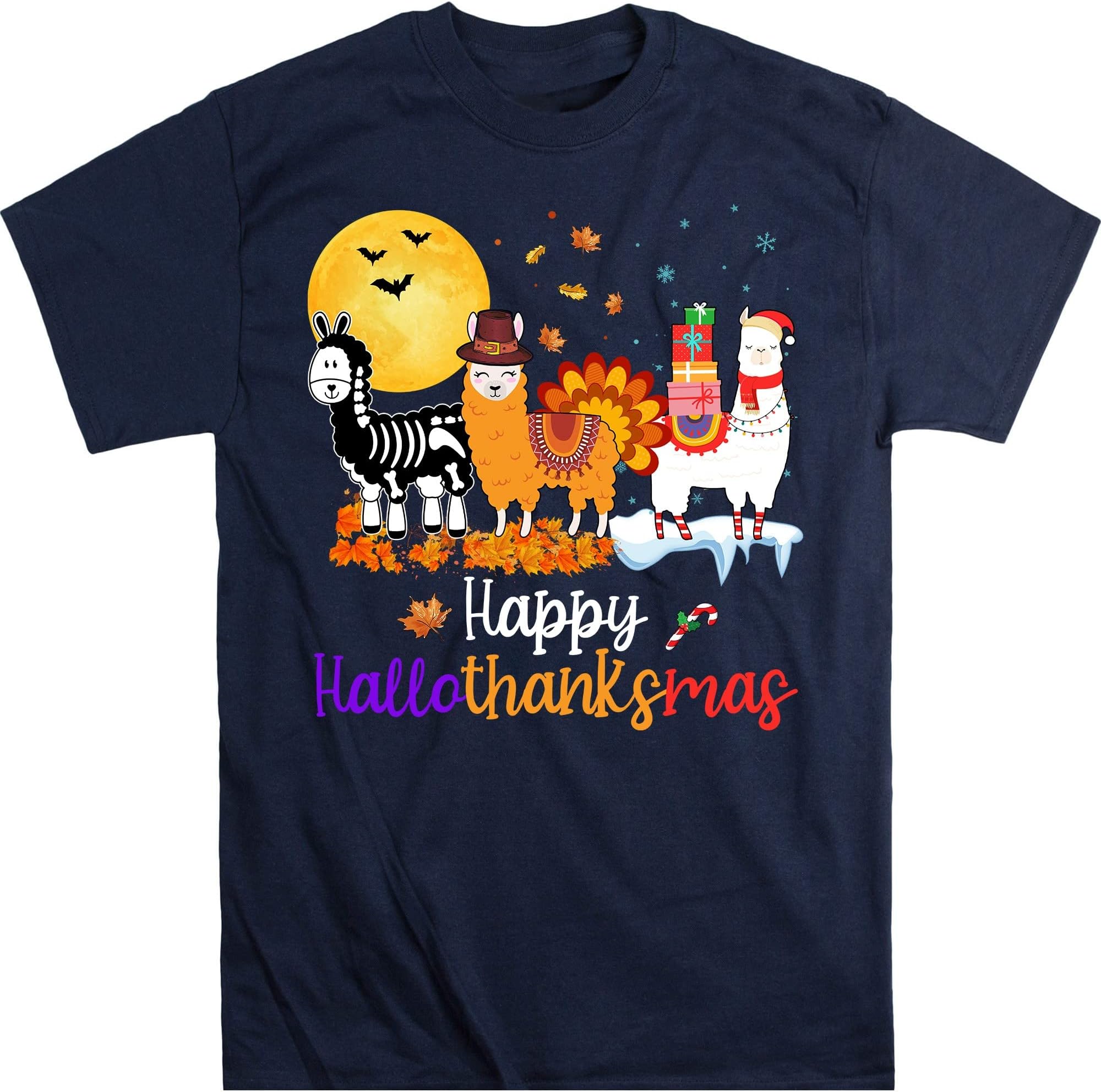 Hallothanksmas Shirt, Halloween Llama, Thanksgiving Tee, Funny Christmas Tee, Happy Halloween Tee, Ugly Christmas Tee, Llama – Navy/Small