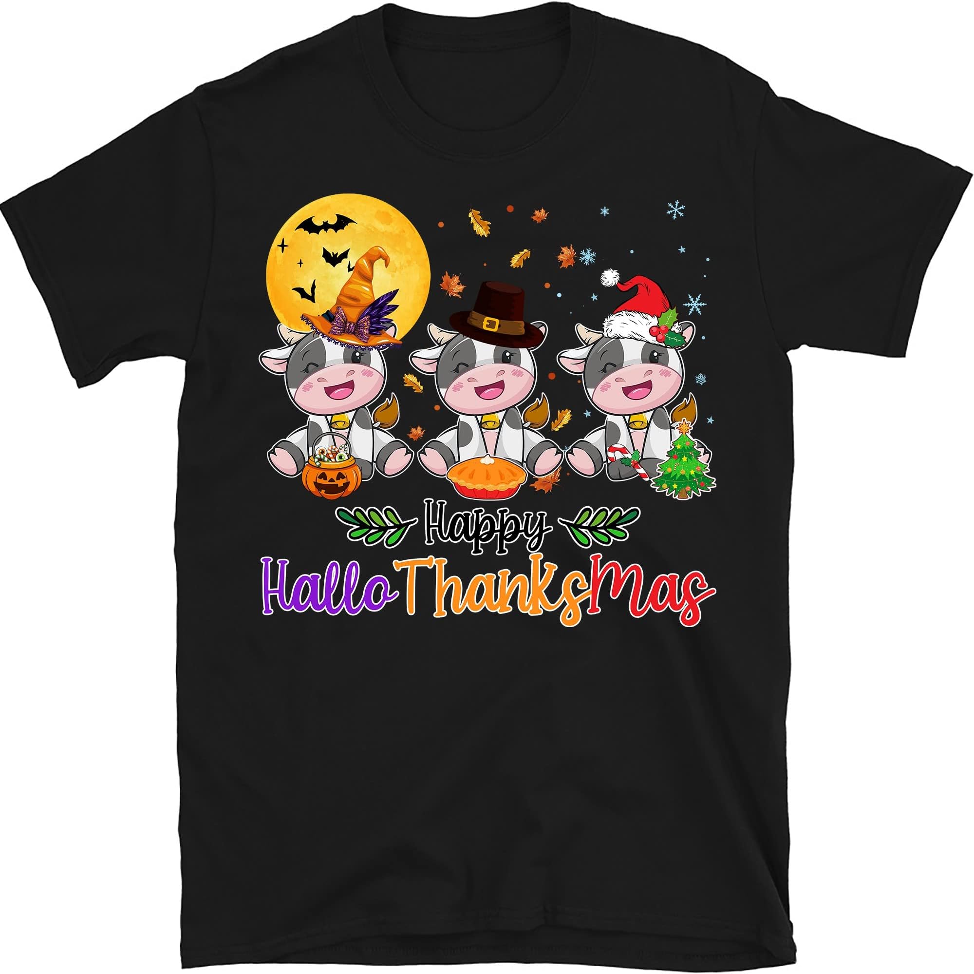 Hallothanksmas Shirt, Halloween Cow, Thanksgiving Tee, Funny Christmas Tee, Happy Halloween Tee, Ugly Christmas Tee, Cow – Black/X-Large