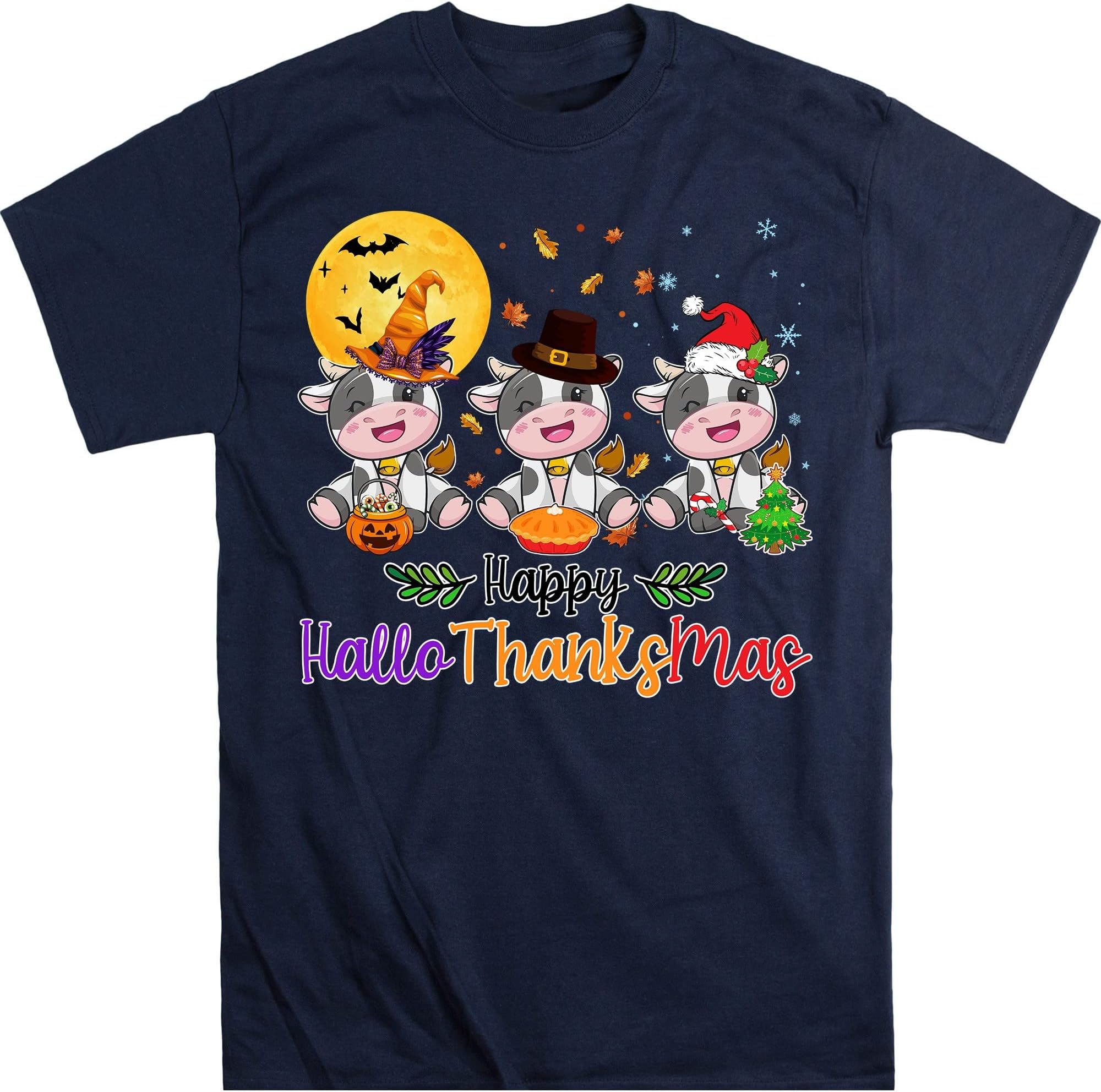 Hallothanksmas Shirt, Halloween Cow, Thanksgiving Tee, Funny Christmas Tee, Happy Halloween Tee, Ugly Christmas Tee, Cow – Navy/Large