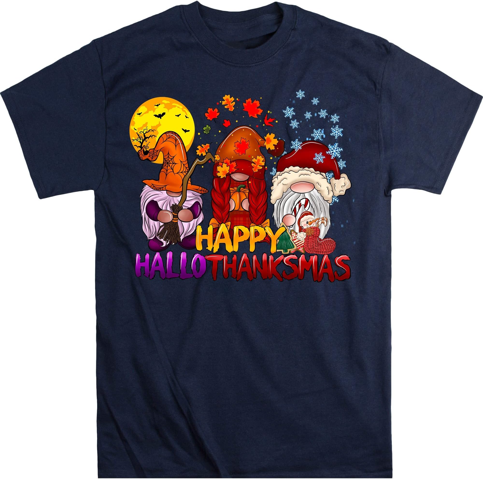 Happy Hallothanksmas Gnomes Halloween & Merry Christmas Shirt, Happy Thanksgiving Shirt, Halloween Gnomes Shirt, Funny – Navy/Medium
