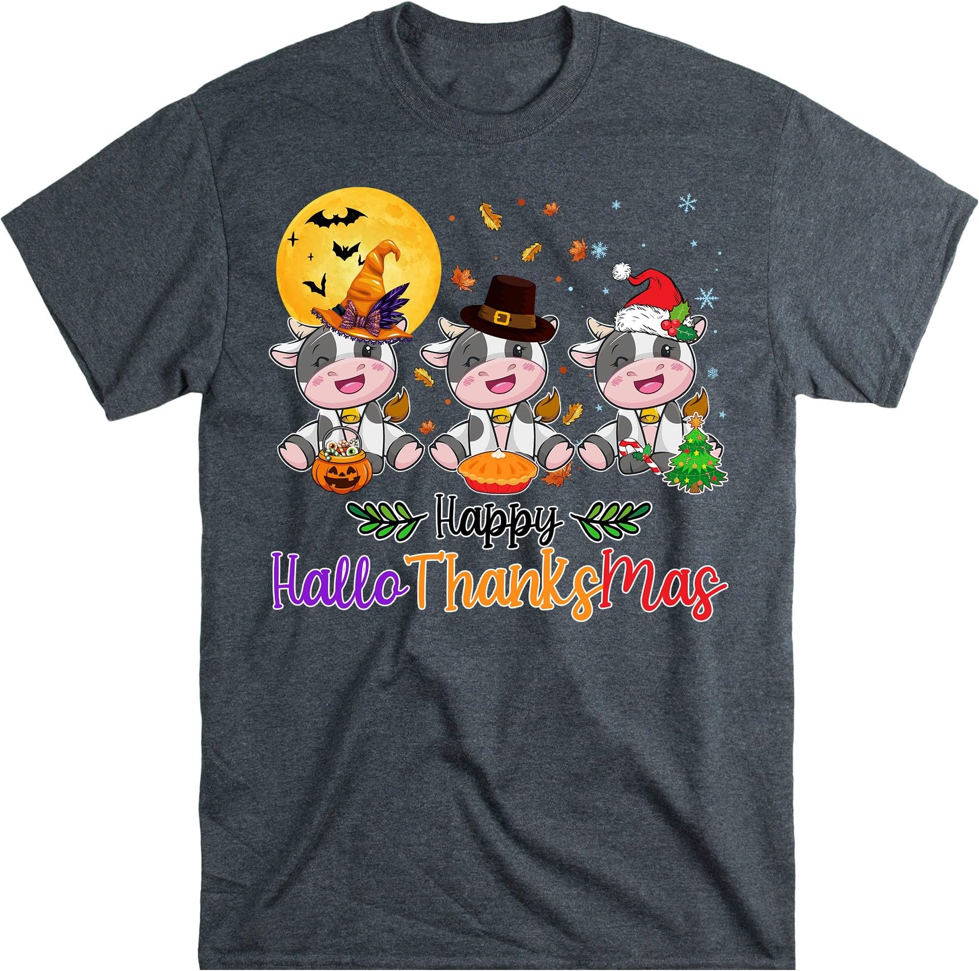 Hallothanksmas Shirt, Halloween Cow, Thanksgiving Tee, Funny Christmas Tee, Happy Halloween Tee, Ugly Christmas Tee, Cow – Dark Heather/Small