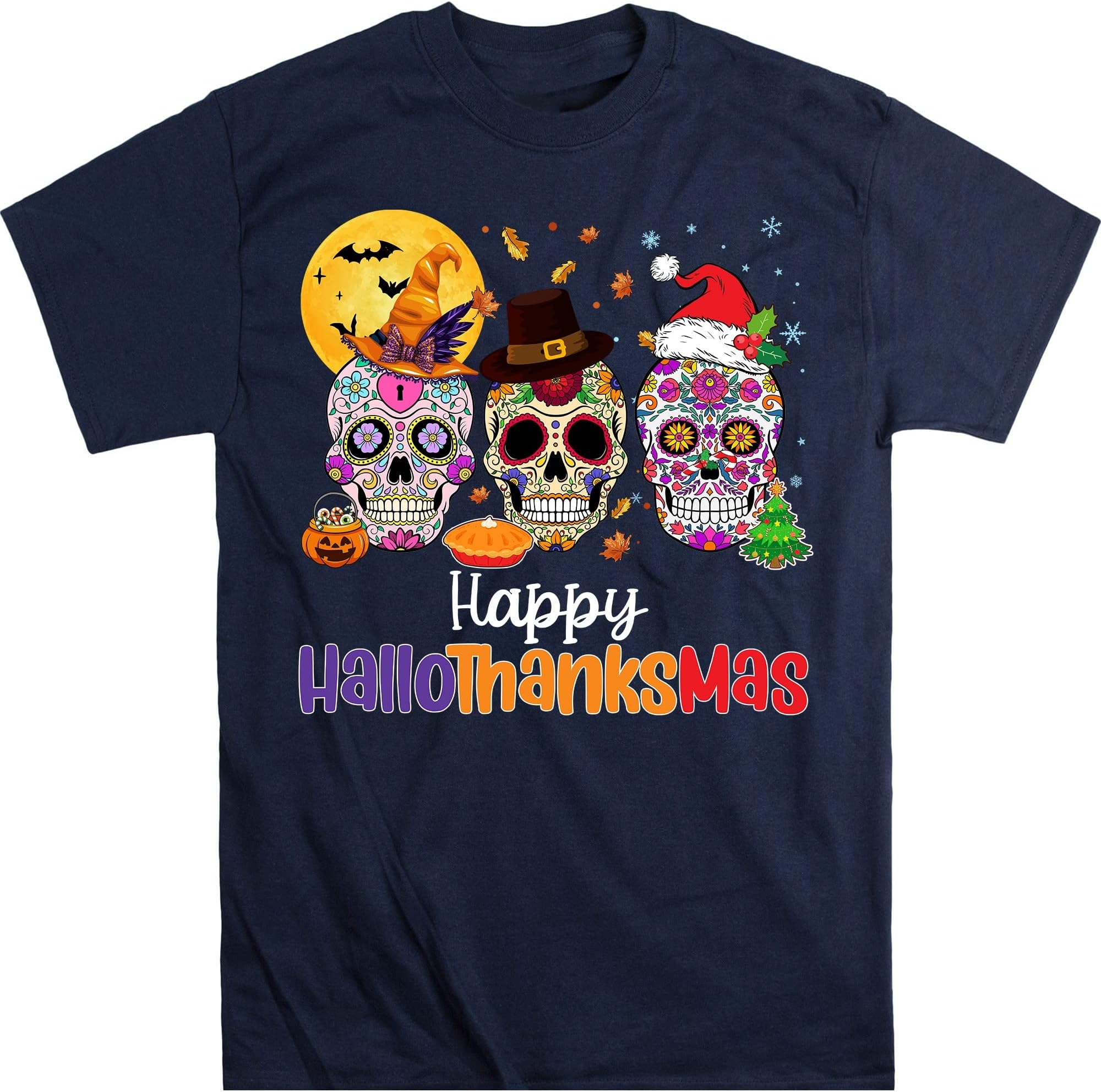 Happy Hallothanksmas Sugar Skull Shirt, Skull Halloween Vibes Shirt, Halloween Party Gift Shirt, Pumpkin Skull, Pumpkin Skull – Navy/Small
