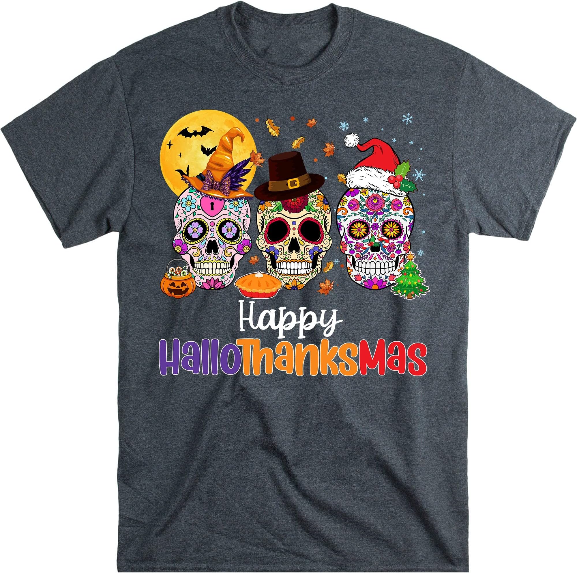 Happy Hallothanksmas Sugar Skull Shirt, Skull Halloween Vibes Shirt, Halloween Party Gift Shirt, Pumpkin Skull, Pumpkin Skull
