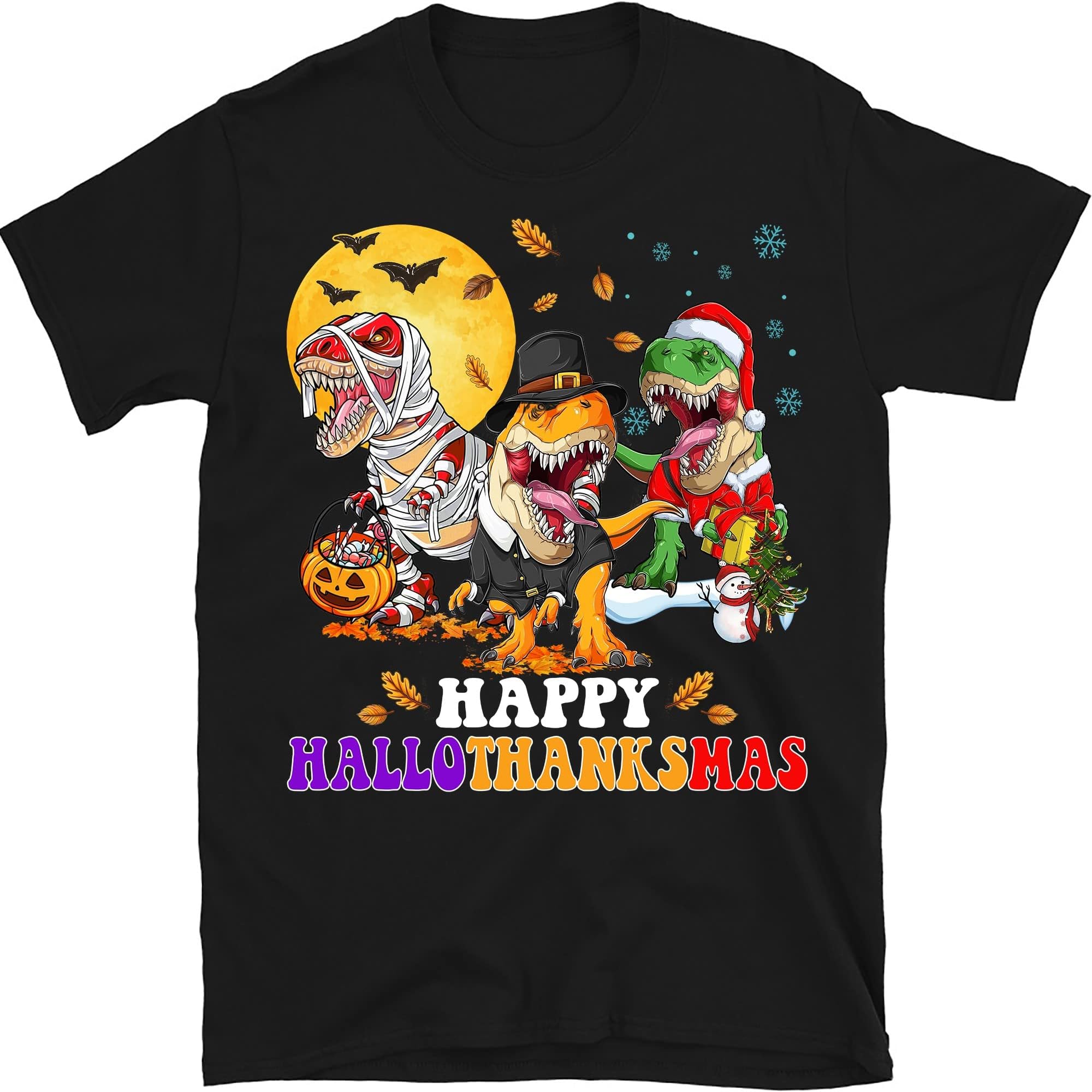 Happy Hallothanksmas Trex Shirt, Dinosaur Halloween Vibes Shirt, Halloween Party Gift Shirt, Pumpkin Dinosaur, Pumpkin T-Rex – Black/Medium