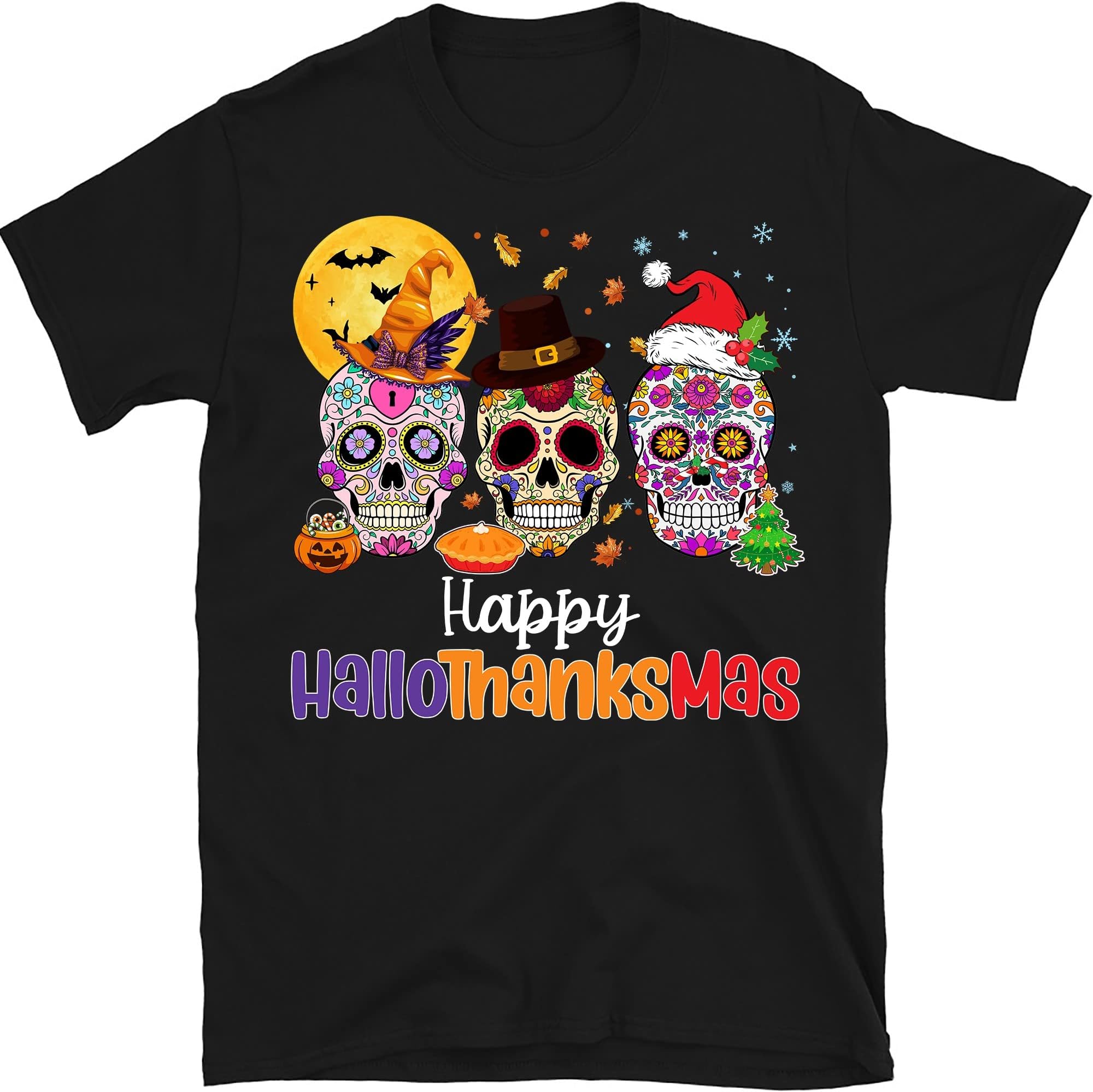 Happy Hallothanksmas Sugar Skull Shirt, Skull Halloween Vibes Shirt, Halloween Party Gift Shirt, Pumpkin Skull, Pumpkin Skull – Black/Medium