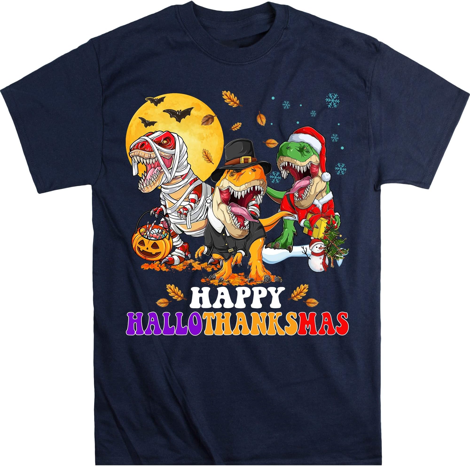 Happy Hallothanksmas Trex Shirt, Dinosaur Halloween Vibes Shirt, Halloween Party Gift Shirt, Pumpkin Dinosaur, Pumpkin T-Rex – Navy/4X-Large