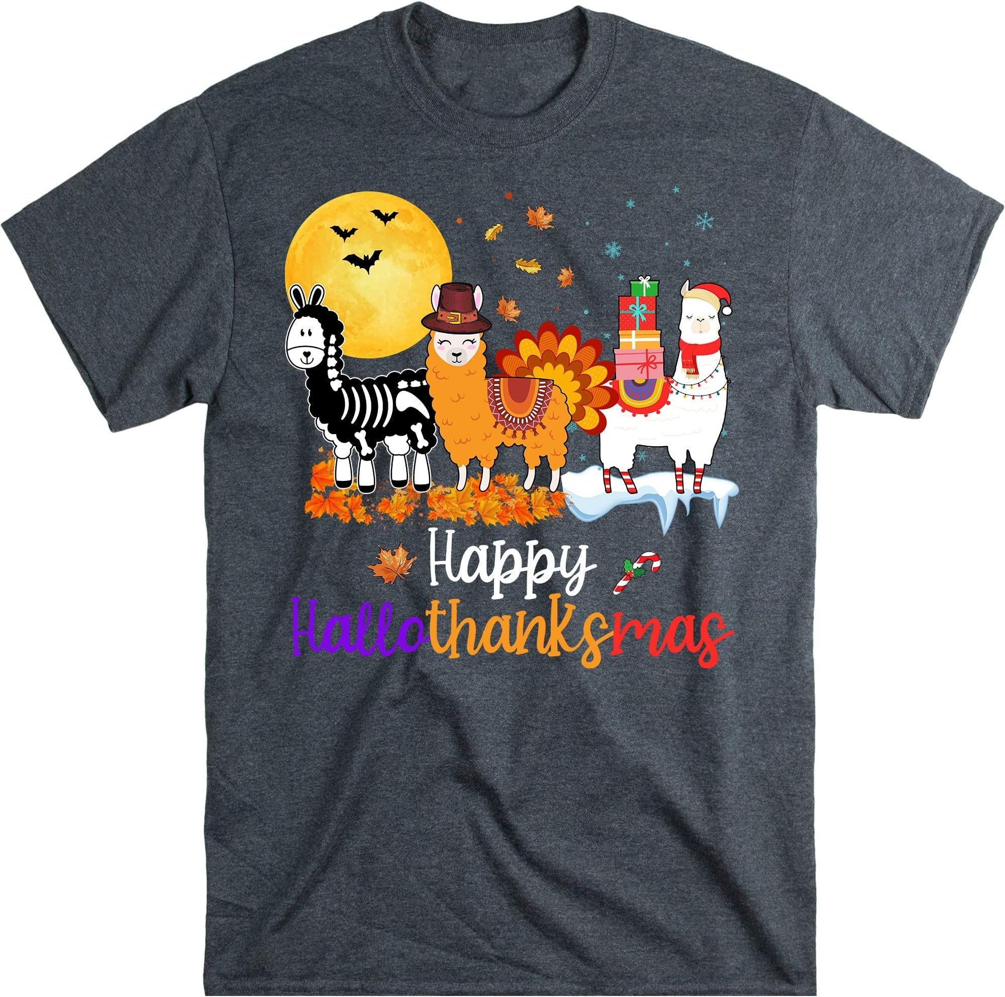 Hallothanksmas Shirt, Halloween Llama, Thanksgiving Tee, Funny Christmas Tee, Happy Halloween Tee, Ugly Christmas Tee, Llama – Dark Heather/X-Large