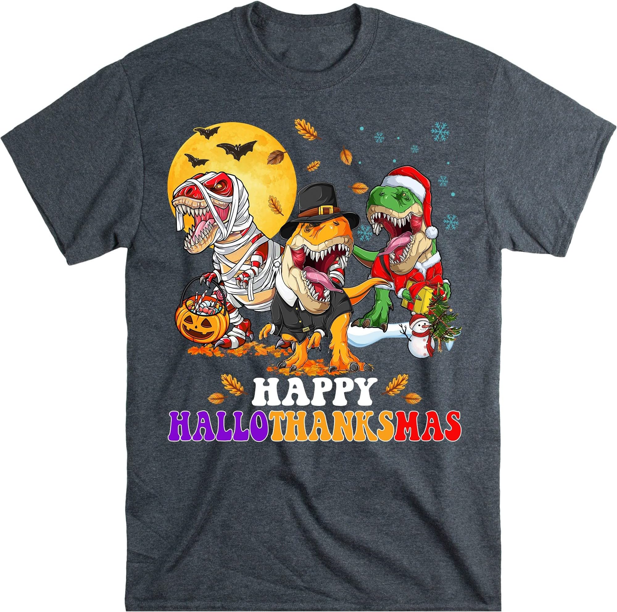 Happy Hallothanksmas Trex Shirt, Dinosaur Halloween Vibes Shirt, Halloween Party Gift Shirt, Pumpkin Dinosaur, Pumpkin T-Rex – Dark Heather/X-Large