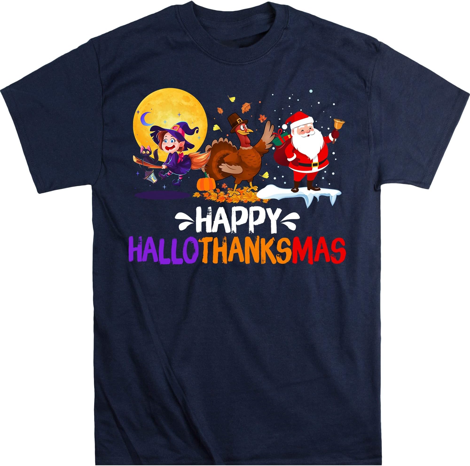 Happy Hallothanksmas Funny Halloween Thanksgiving Christmas Shirt, Cute Witch Turkey Santa Claus T-Shirt – Navy/Small