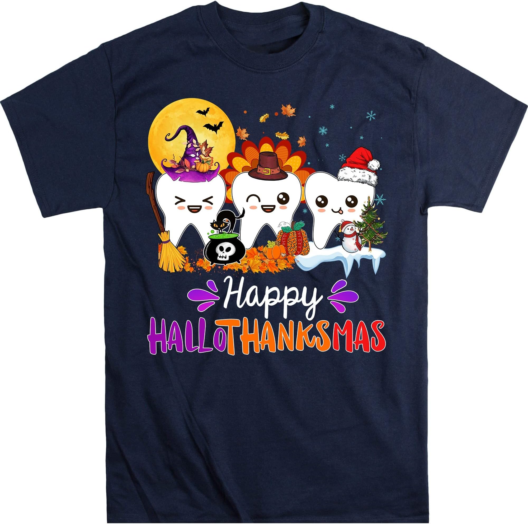 Happy Hallothanksmas Dental Boo Crew Dentist Assistant Shirt, Tooth Halloween Thanksgiving Christmas Hallothanksmas – Navy/4X-Large