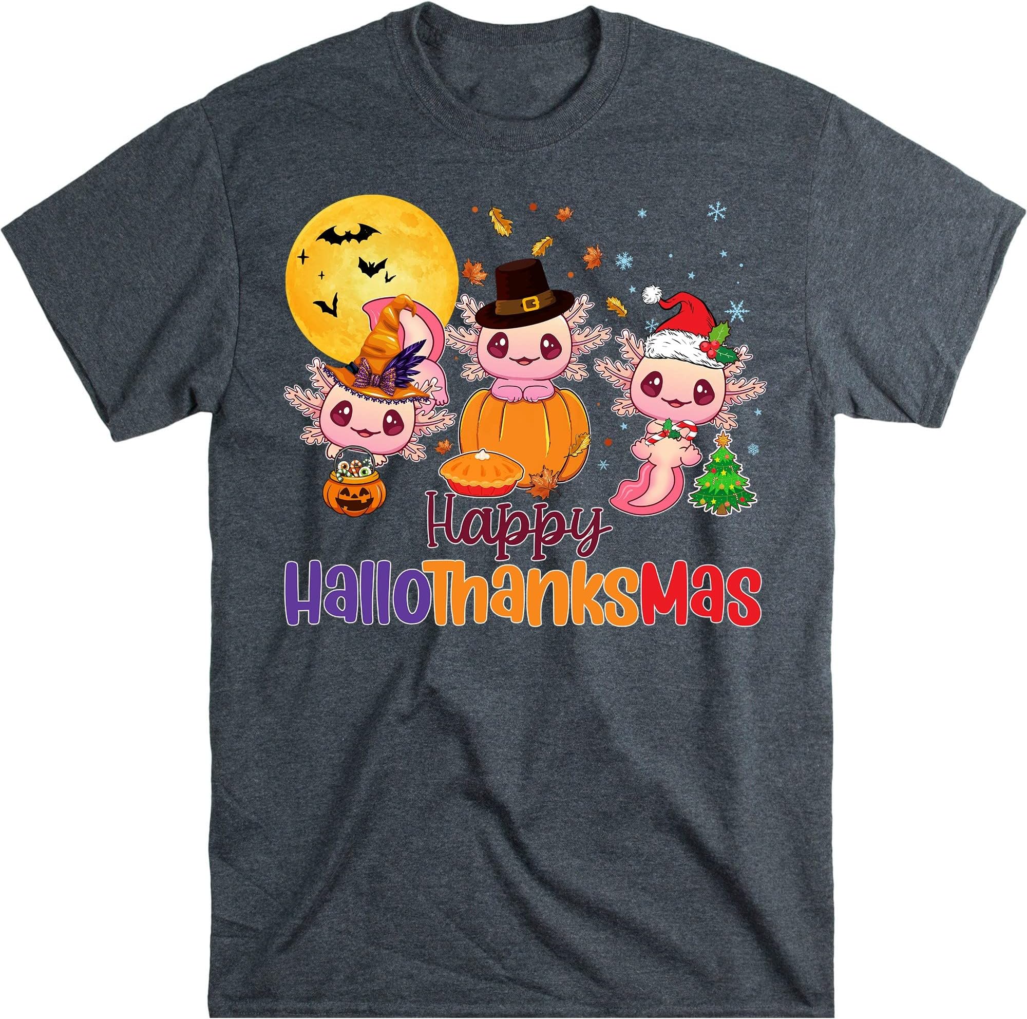 Hallothanksmas Shirt, Halloween Axolotl, Thanksgiving Tee, Funny Christmas Tee, Happy Halloween Tee, Ugly Christmas Tee – Dark Heather/XX-Large