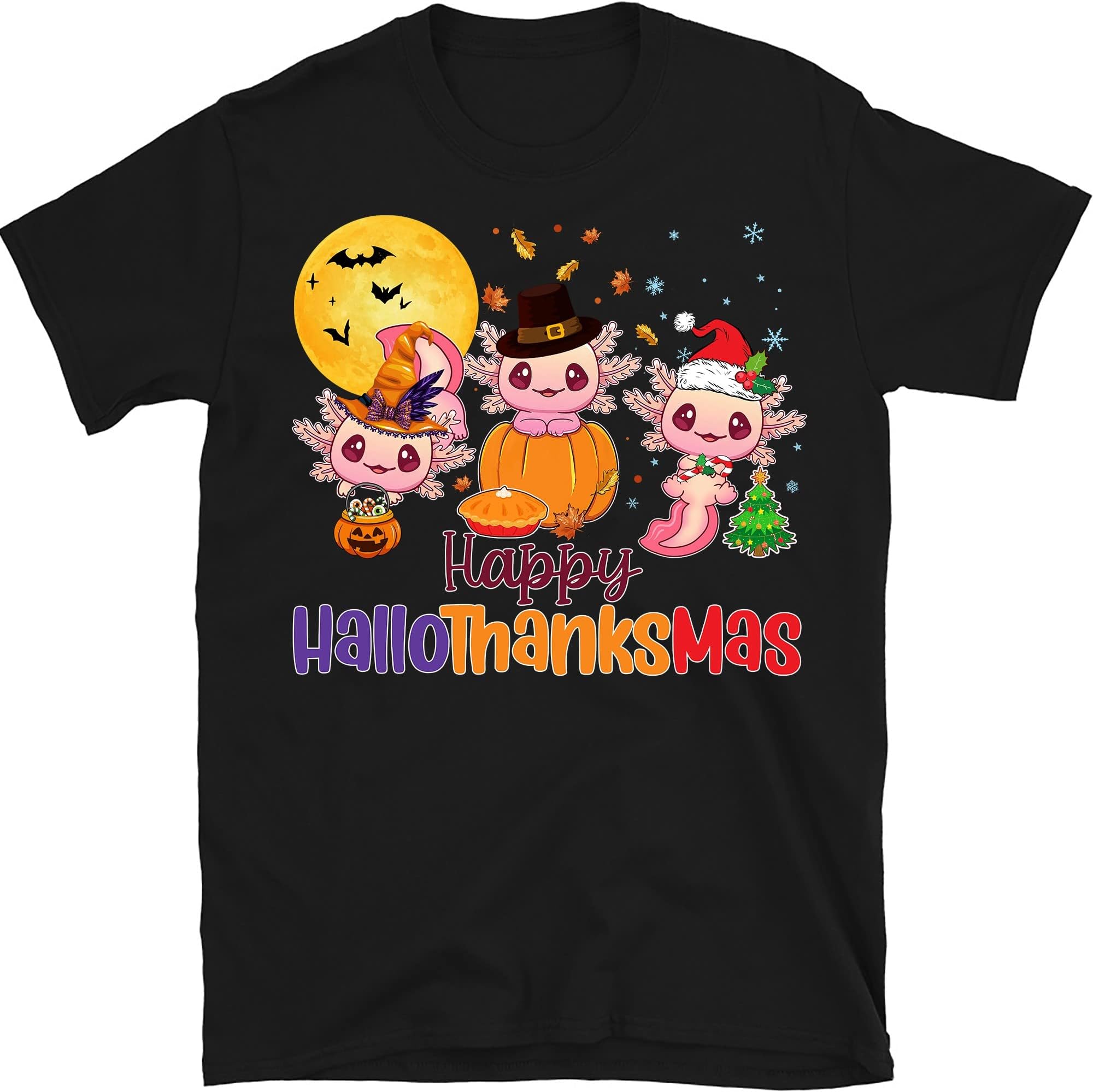 Hallothanksmas Shirt, Halloween Axolotl, Thanksgiving Tee, Funny Christmas Tee, Happy Halloween Tee, Ugly Christmas Tee – Black/3X-Large