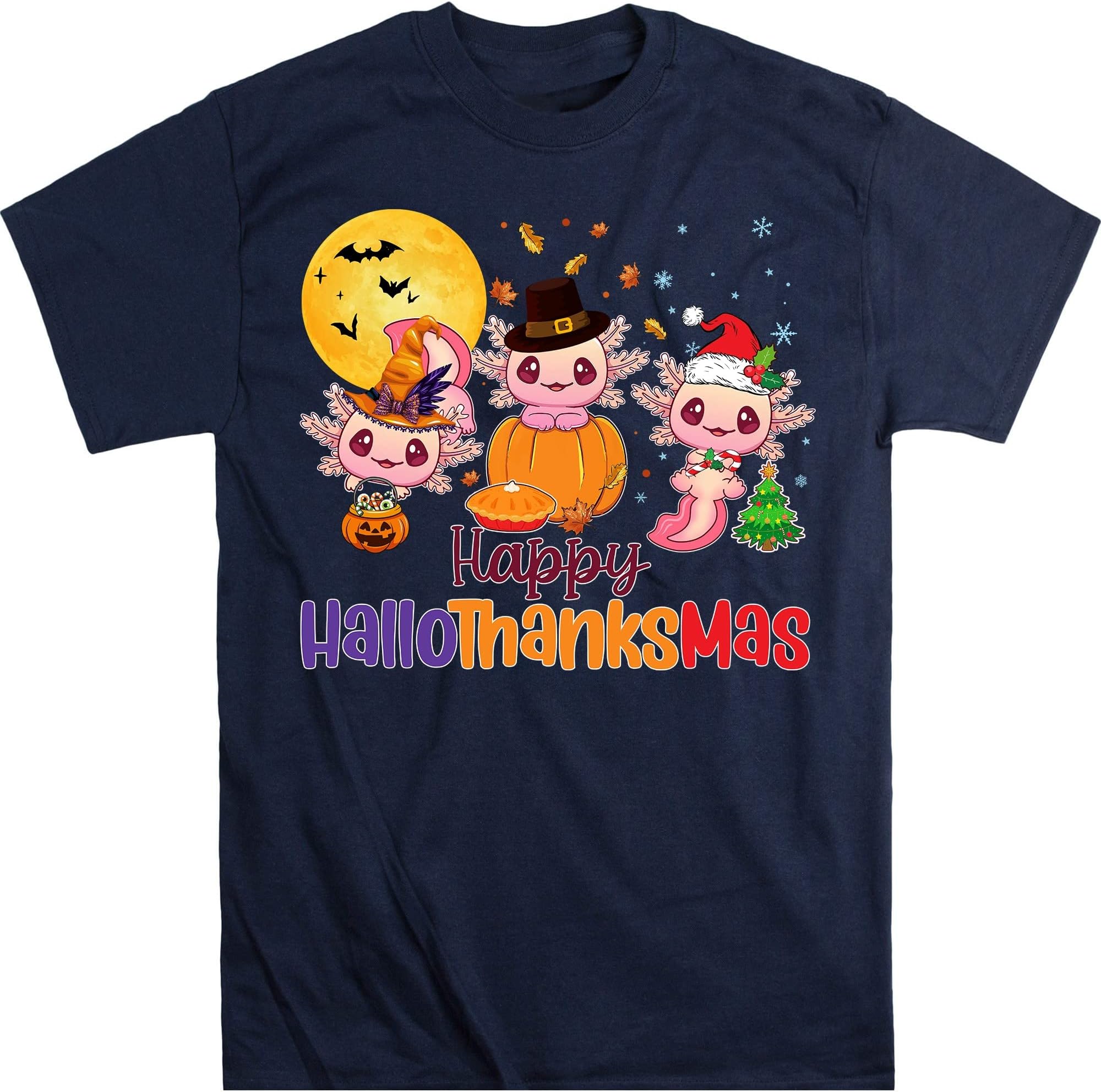 Hallothanksmas Shirt, Halloween Axolotl, Thanksgiving Tee, Funny Christmas Tee, Happy Halloween Tee, Ugly Christmas Tee – Navy/XX-Large
