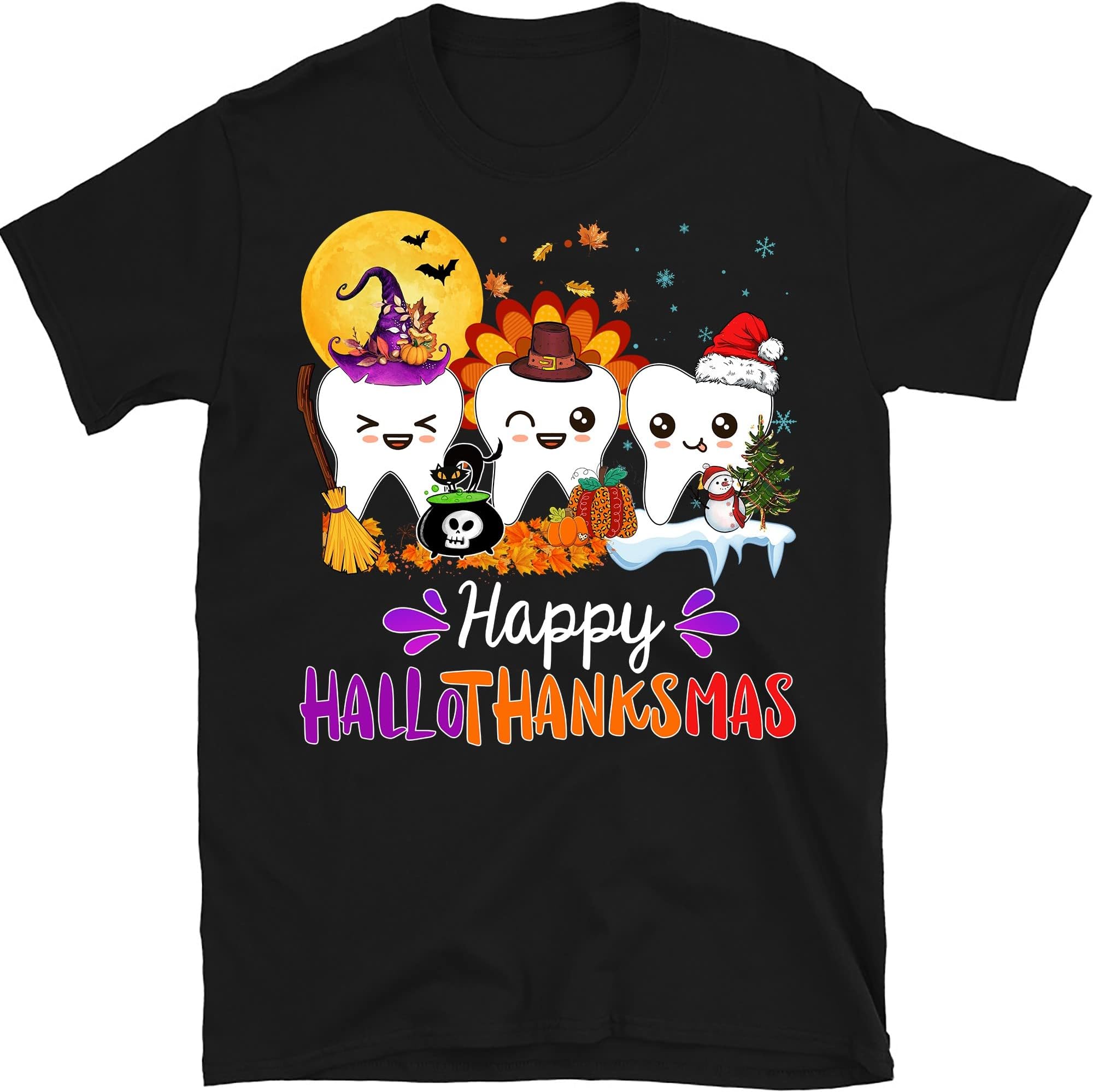 Happy Hallothanksmas Dental Boo Crew Dentist Assistant Shirt, Tooth Halloween Thanksgiving Christmas Hallothanksmas – Black/Medium