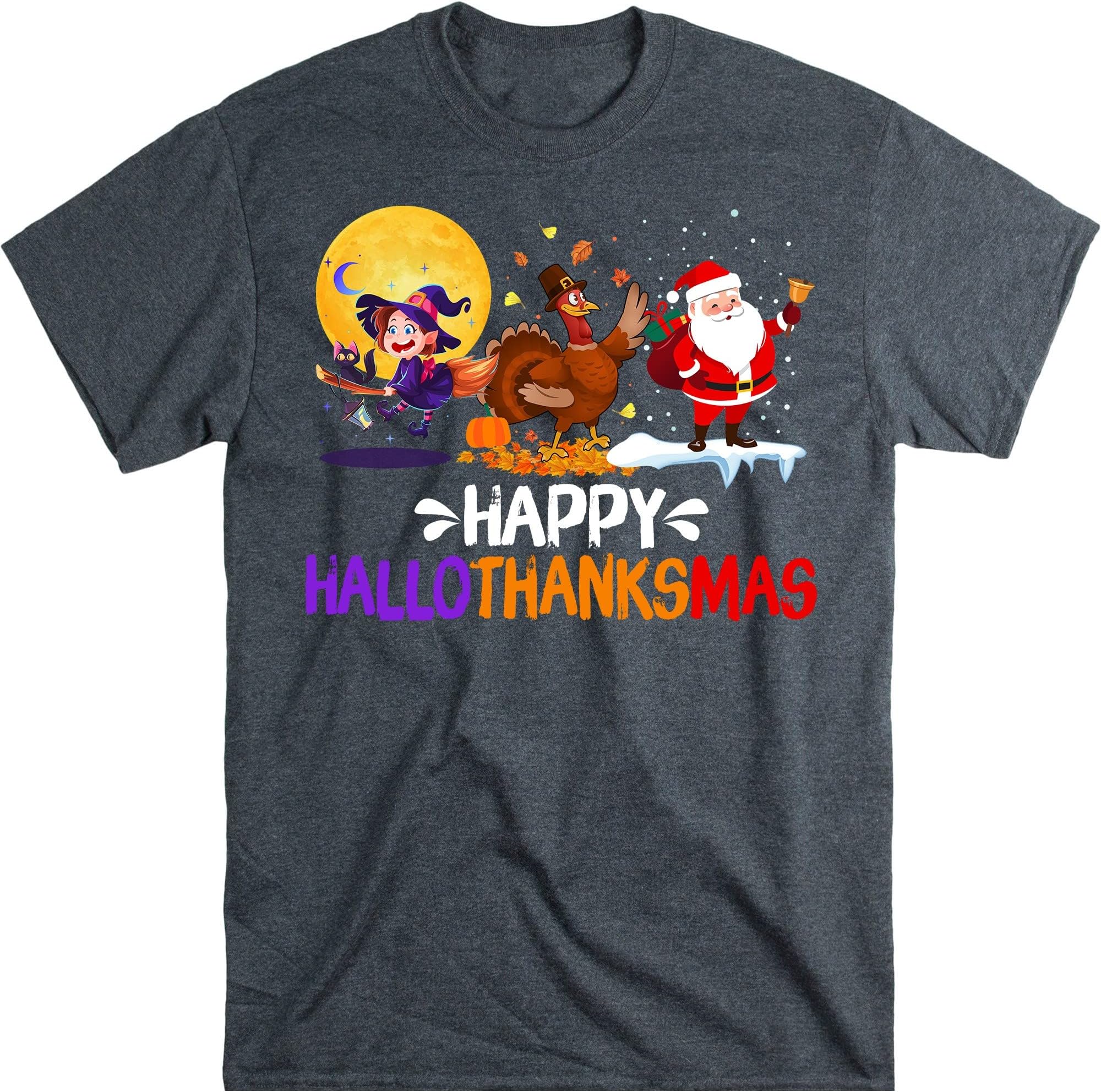 Happy Hallothanksmas Funny Halloween Thanksgiving Christmas Shirt, Cute Witch Turkey Santa Claus T-Shirt