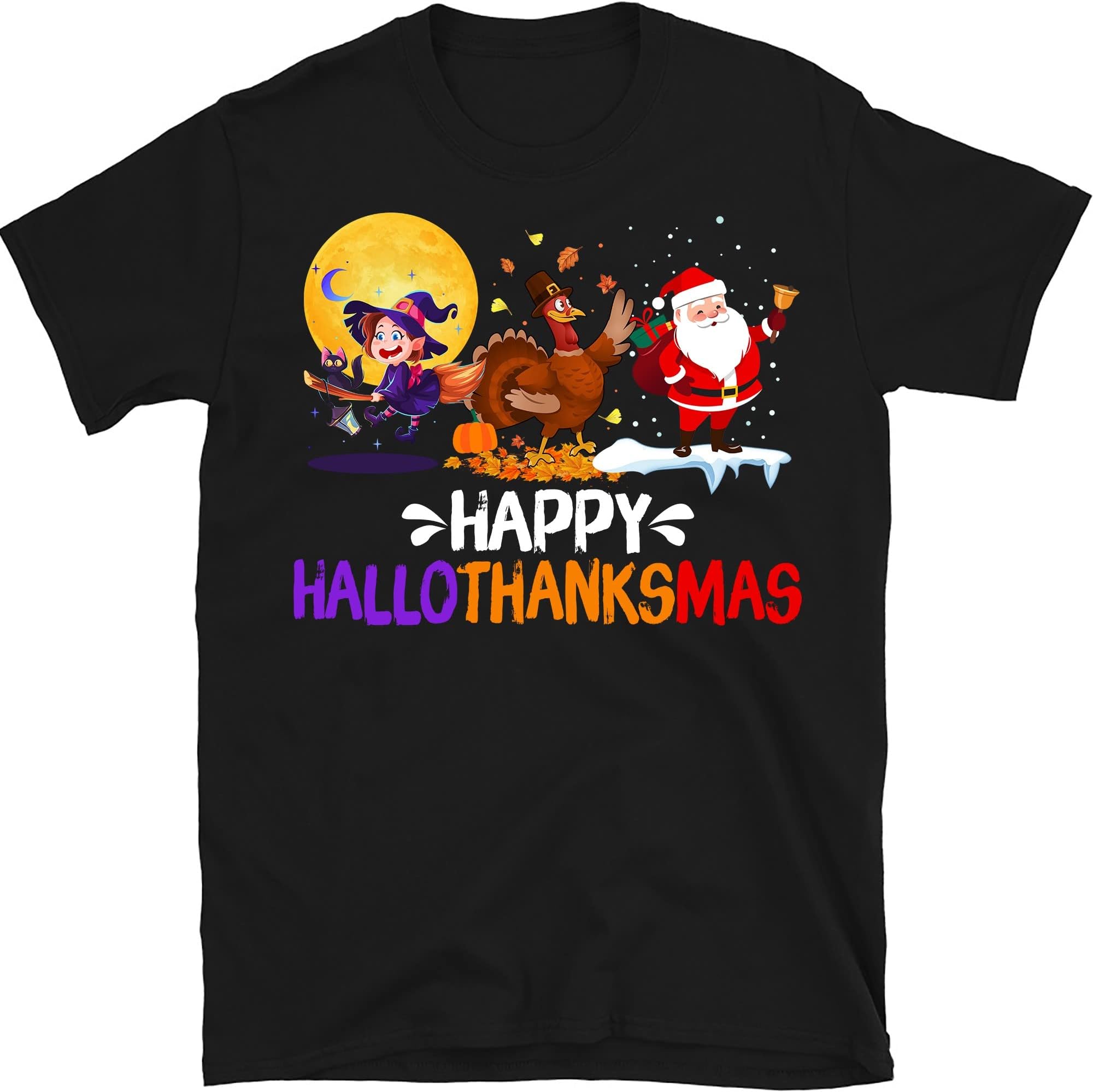 Happy Hallothanksmas Funny Halloween Thanksgiving Christmas Shirt, Cute Witch Turkey Santa Claus T-Shirt – Black/X-Large