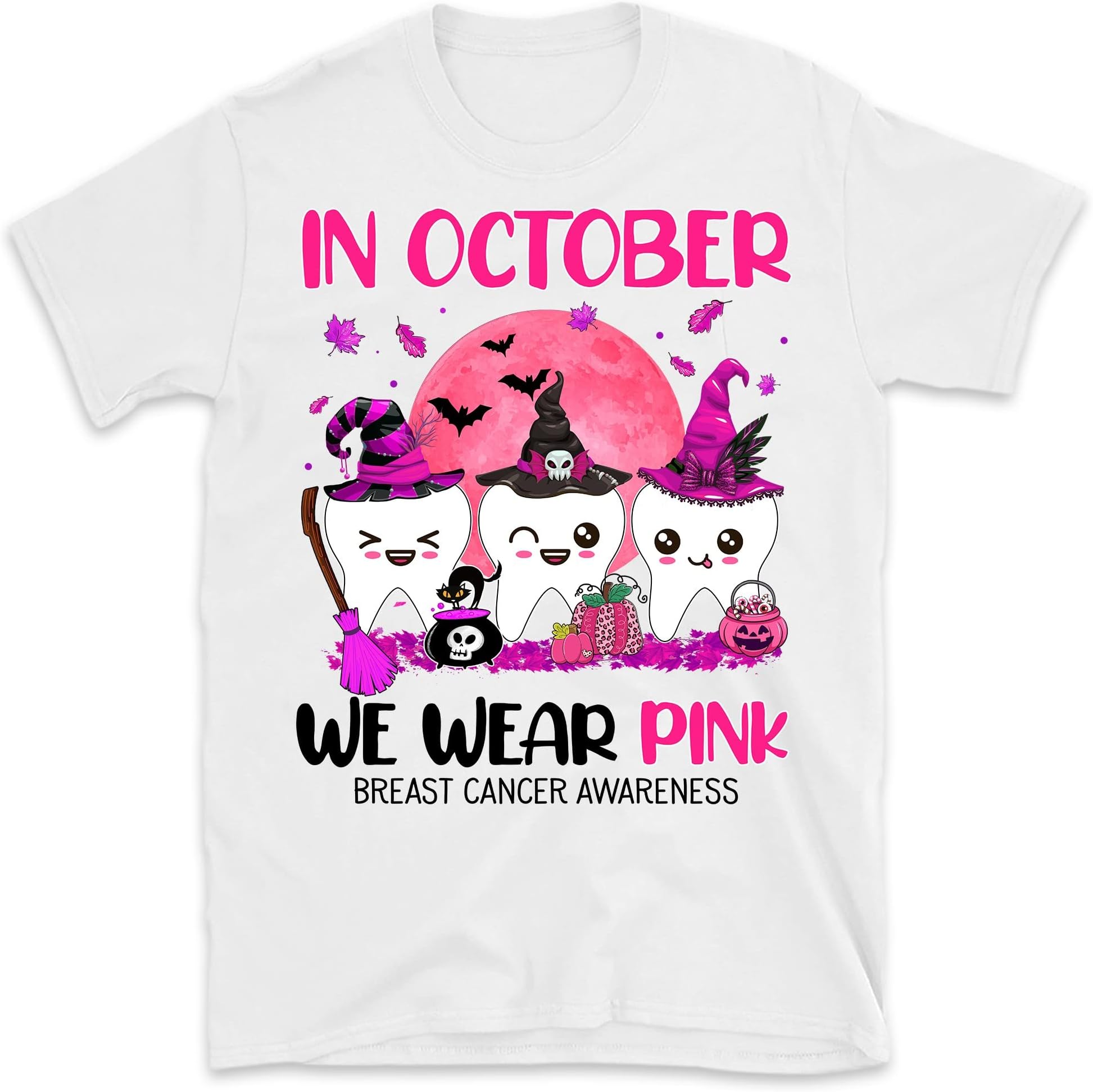 in October We Wear Pink Breast Cancer Awareness Dental Shirt, Halloween Cancer Dentist Gift, Dental Squad Halloween T-Shirt, Pink Ribbon