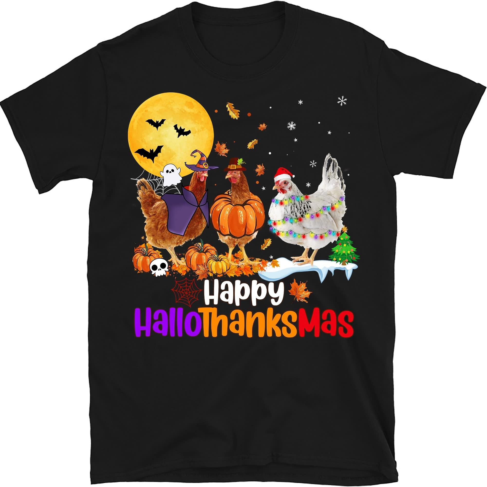 HalloThanksMas Shirt, Halloween Chicken, Thanksgiving Tee, Funny Christmas Tee, Happy Halloween Tee, Ugly Christmas Tee, Chicken Lover Gift Multicolored