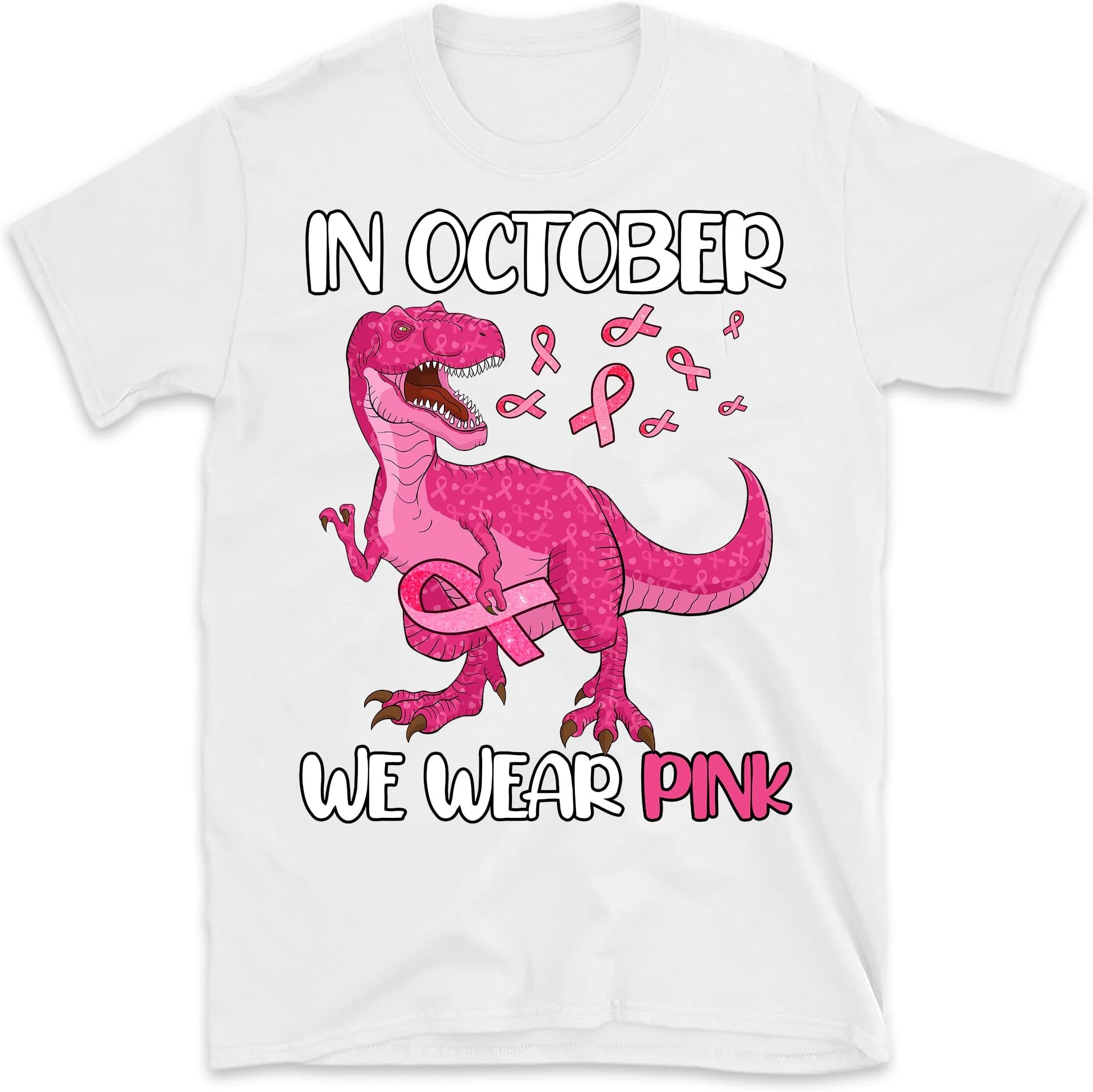 in October We Wear Pink Dinosaur T-rex Breast Cancer, Breast Month Shirt, Breast Cancer Gift, Pink Ribbon Shirt, Cancer Support Shirt