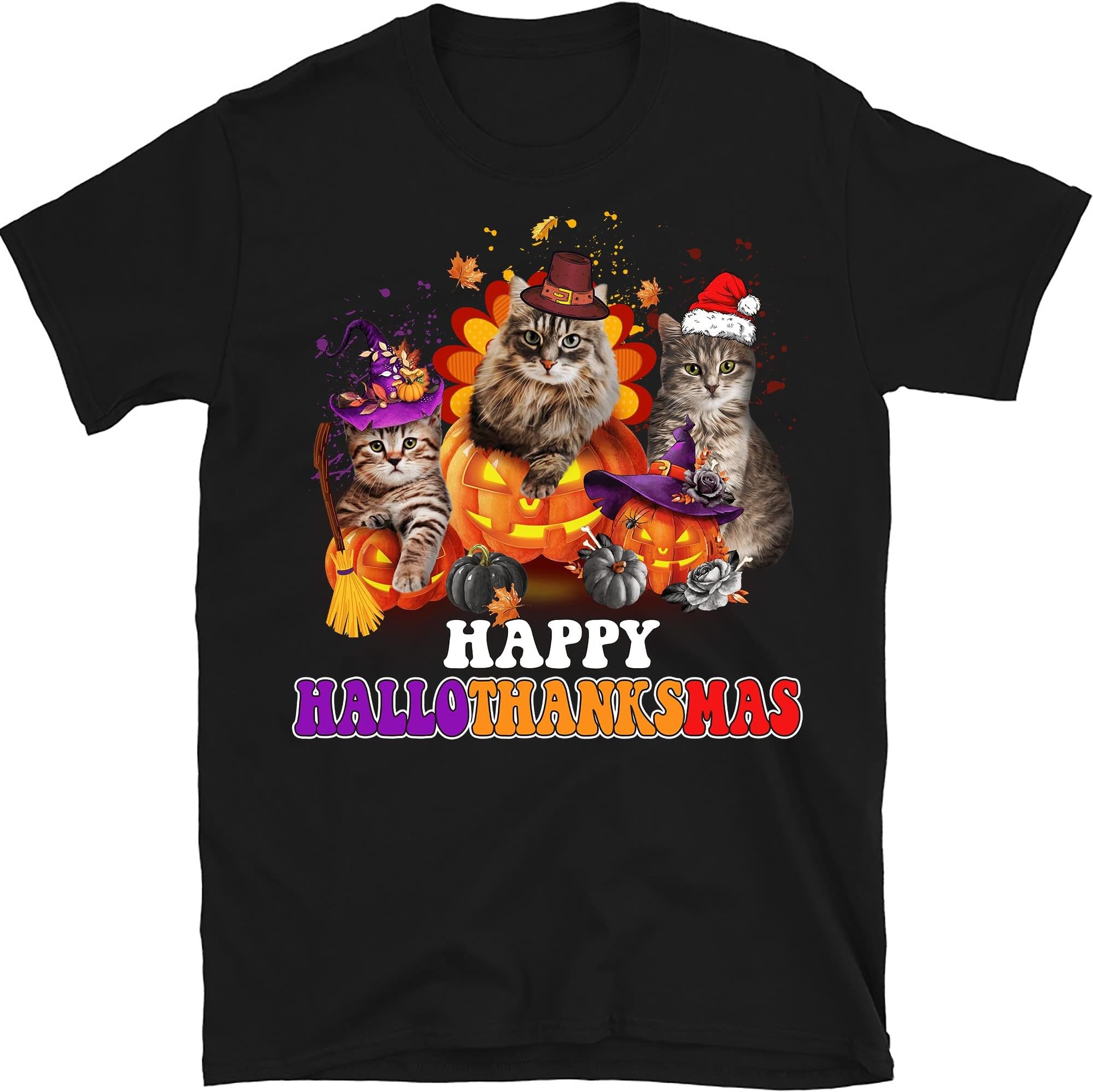 Cats Happy HalloThanksMas Shirt,Xmas, Xmas 2022 Tee, Halloween Thanksgiving Christmas Cat Sweatshirt, Cat Lover Shirt Multicolored