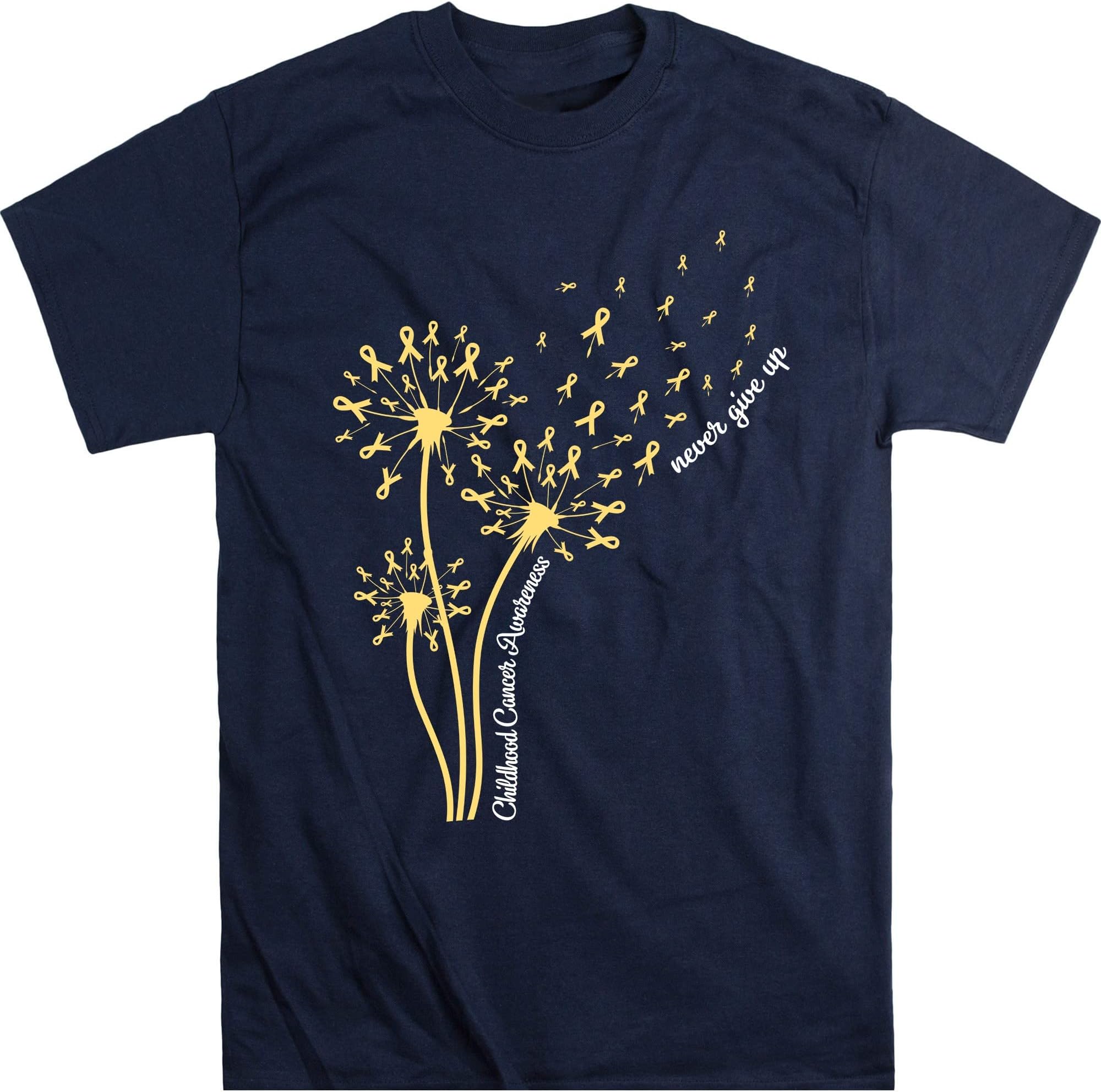 Childhood Cancer Awareness Dandelion Shirt, Gold Ribbon Shirt, Cancer Awareness Support T-Shirt, Never Give Up Cancer Shirt – Navy/Small