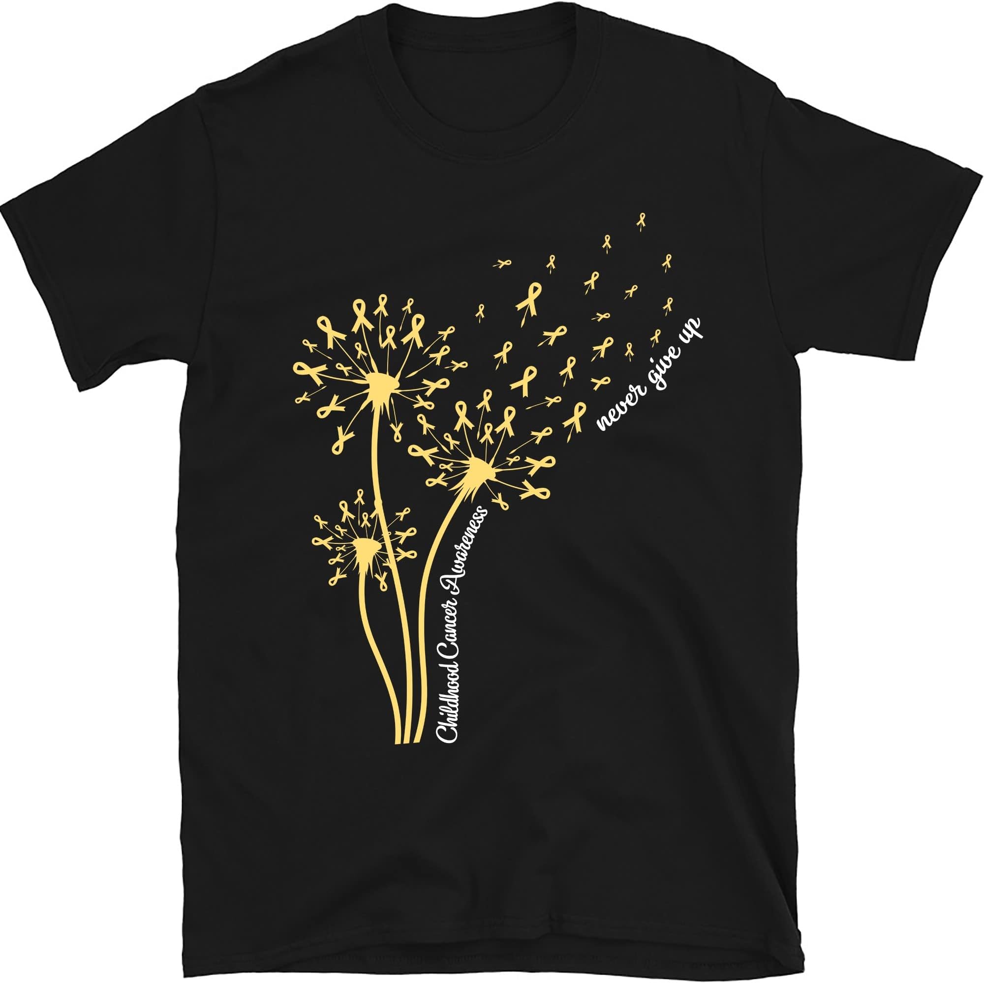Childhood Cancer Awareness Dandelion Shirt, Gold Ribbon Shirt, Cancer Awareness Support T-Shirt, Never Give Up Cancer Shirt – Black/X-Large