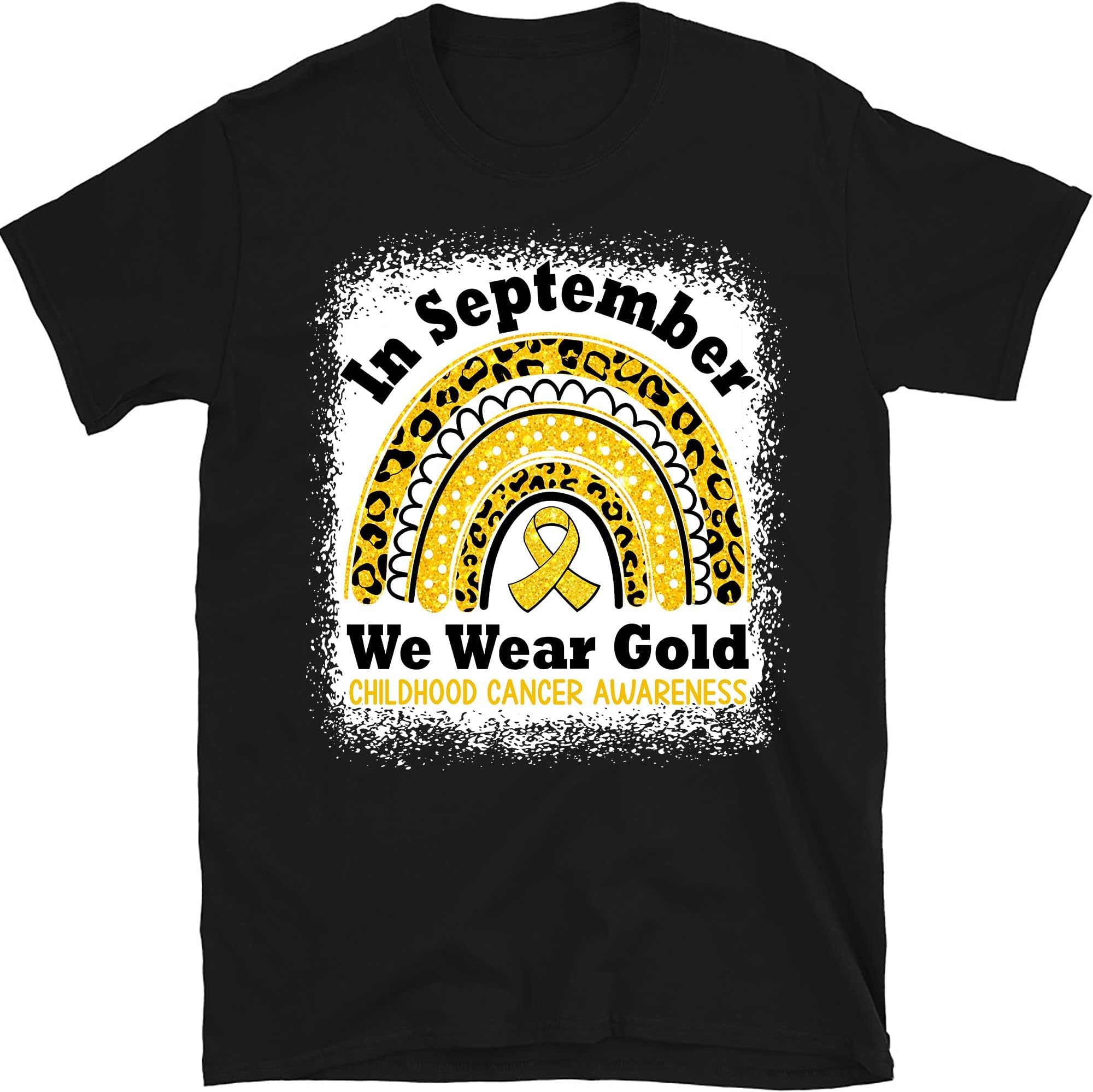 I Wear Gold for Childhood Cancer Awareness Rainbow Shirt, Warrior Shirt, Cancer Support Shirt, Childhood Cancer Ribbon – Black/XX-Large