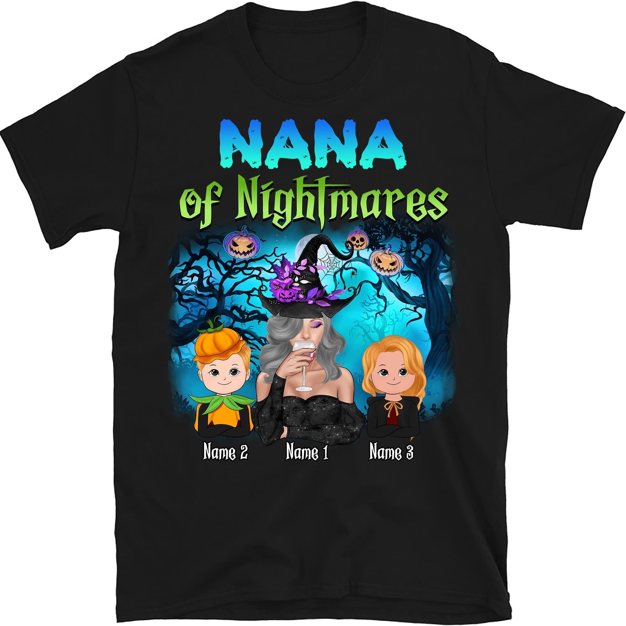 Halloween Grandma and Kids Personalized Shirt, Halloween Mom Mimi Nana Witch Kids Name Shirt, Halloween Costume Gift Multicolored