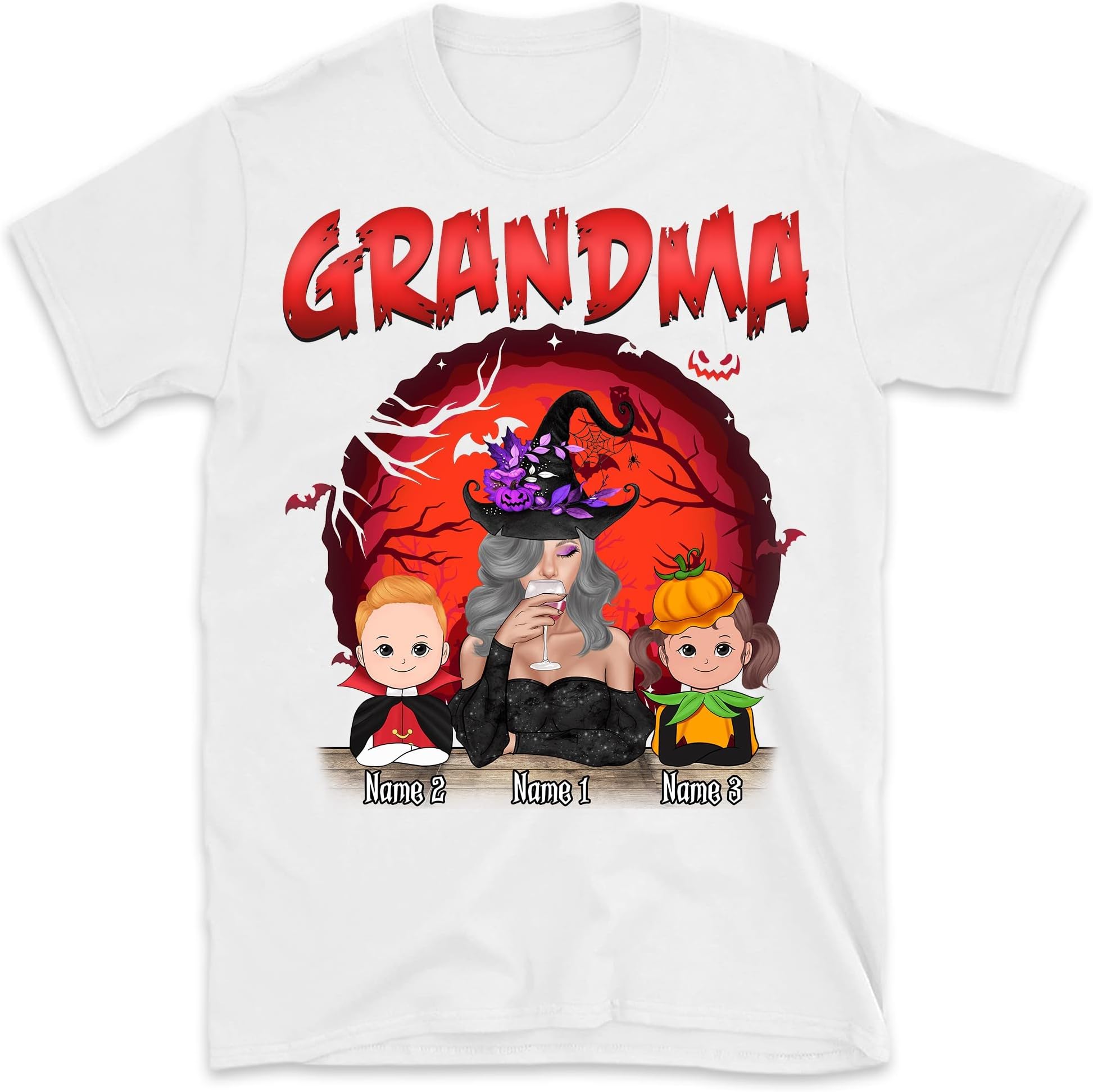 Halloween Grandma and Kids Personalized Shirt, Halloween Mom Mimi Nana Witch Kids Name Shirt, Halloween Costume Shirt Multicolored