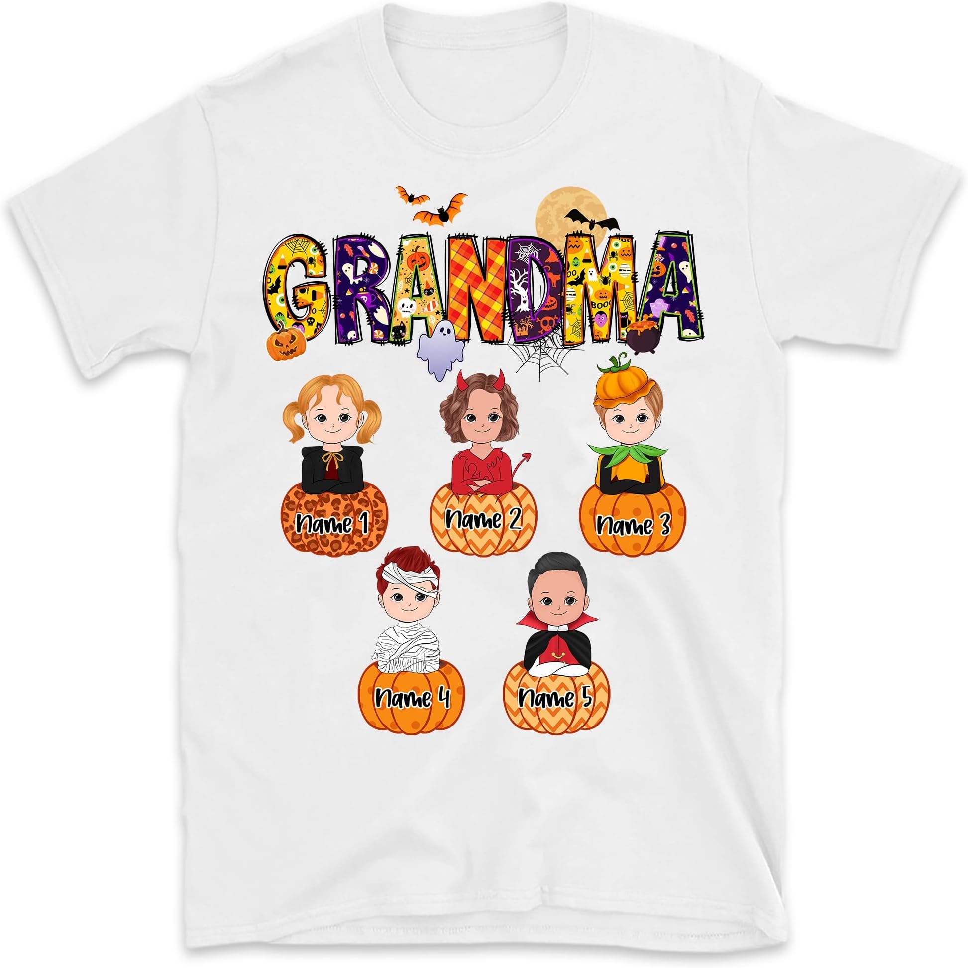 Halloween Grandma and Kids Personalized Shirt, Halloween Mom Mimi Nana Mimi Kids Name Shirt, Custom Grandkids Halloween Tee Multicolored