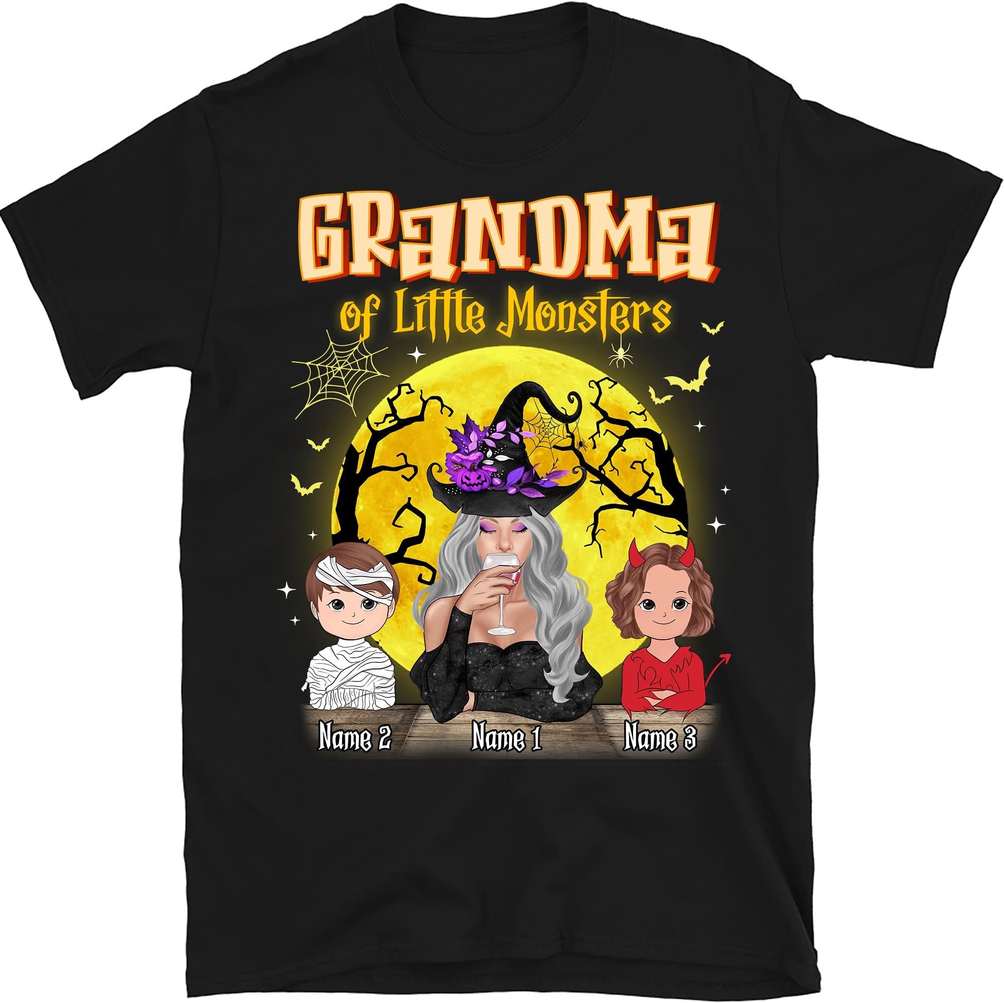 Halloween Grandma of Little Monsters Personalized Shirt, Halloween Mom Mimi Nana Witch Kids Name Shirt, Halloween Costume Gift Multicolored