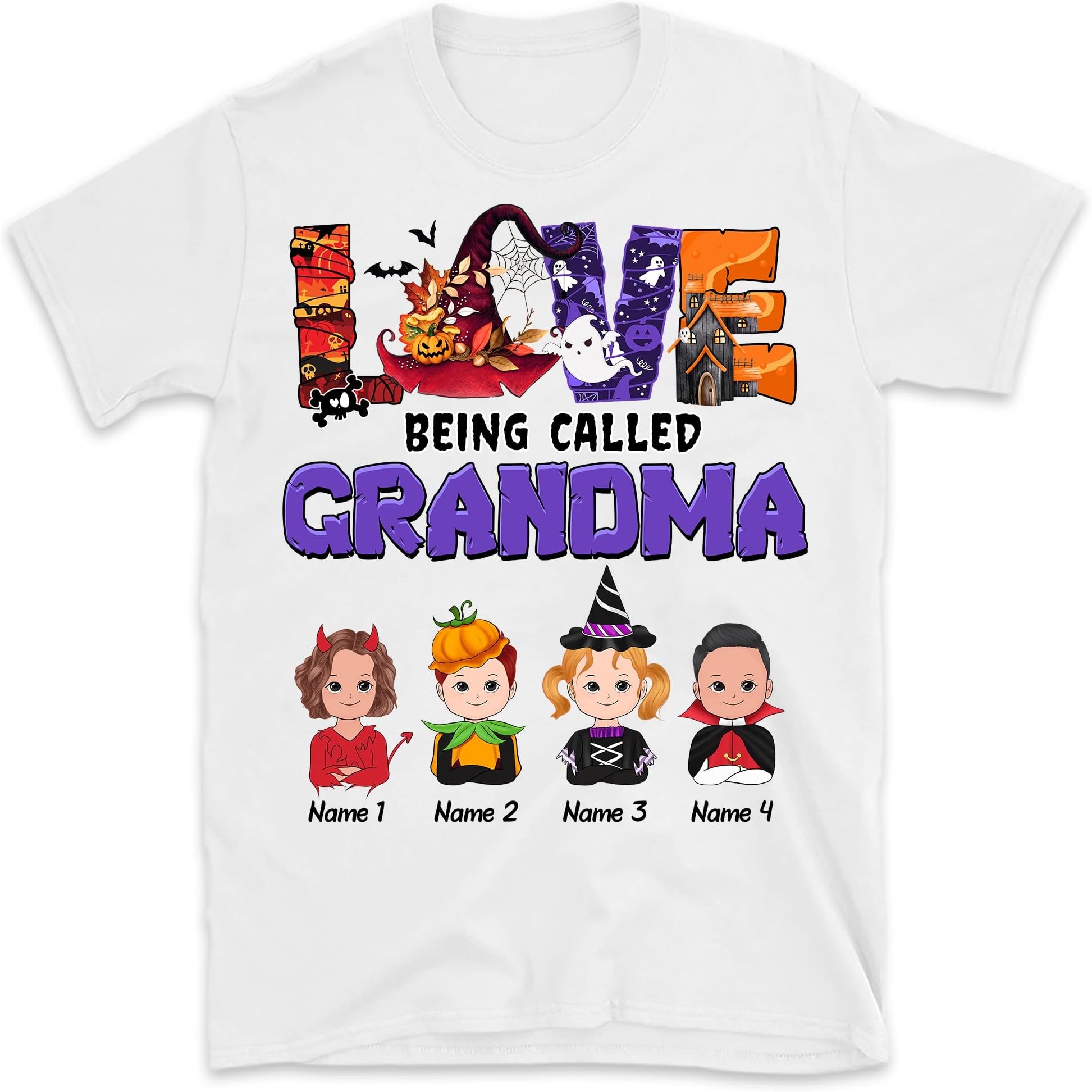 Halloween Grandma and Kids Personalized Shirt, Halloween Mom Mimi Nana Mimi Kids Name Shirt, Halloween Costume Gift Multicolored