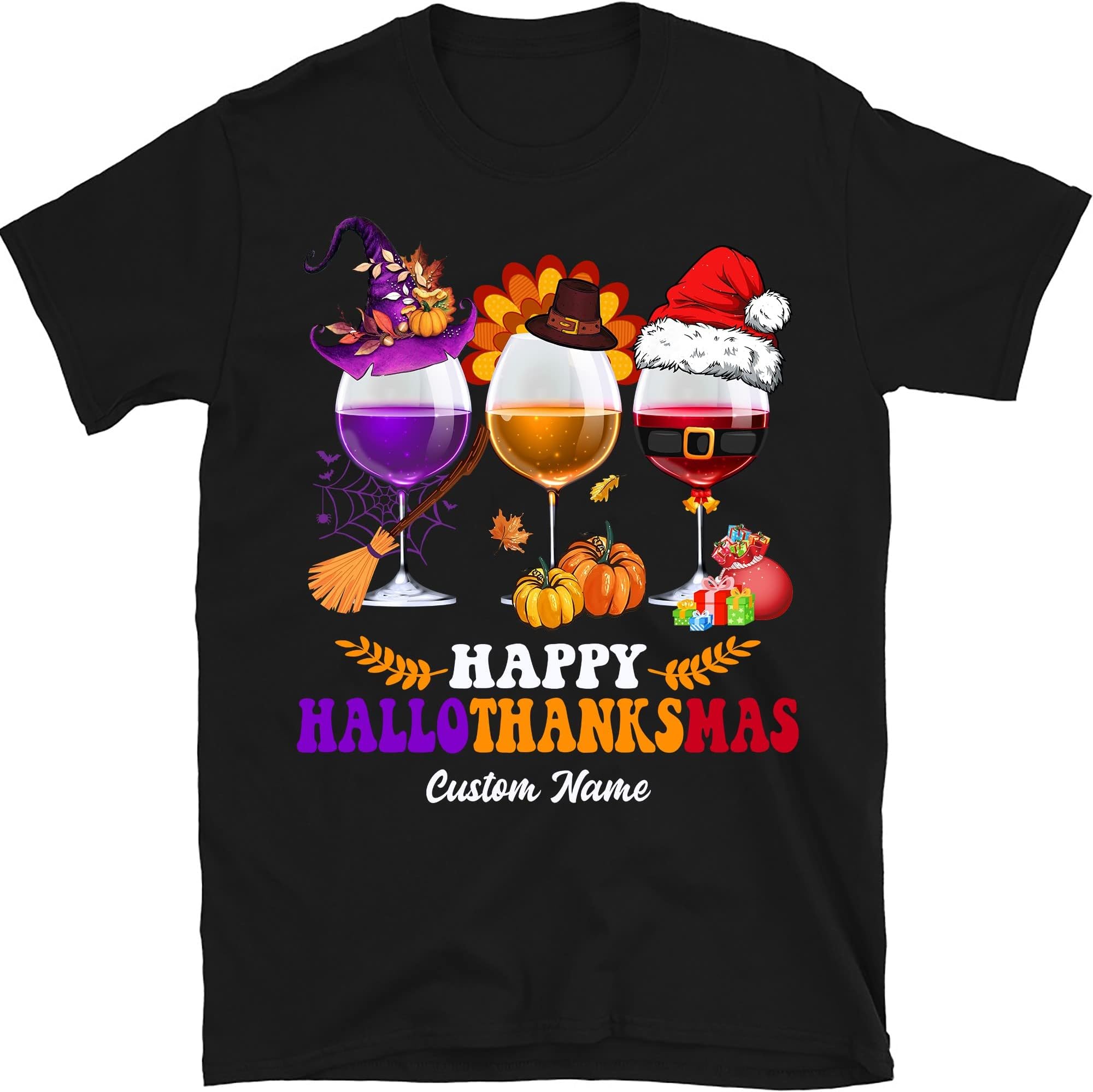 Happy Hallothanksmas Wine Shirt, Halloween Wine Glass, Thanksgiving Wine Glass, Halloween Alcohol, Alcoholic Gift Shirt – Black/Large