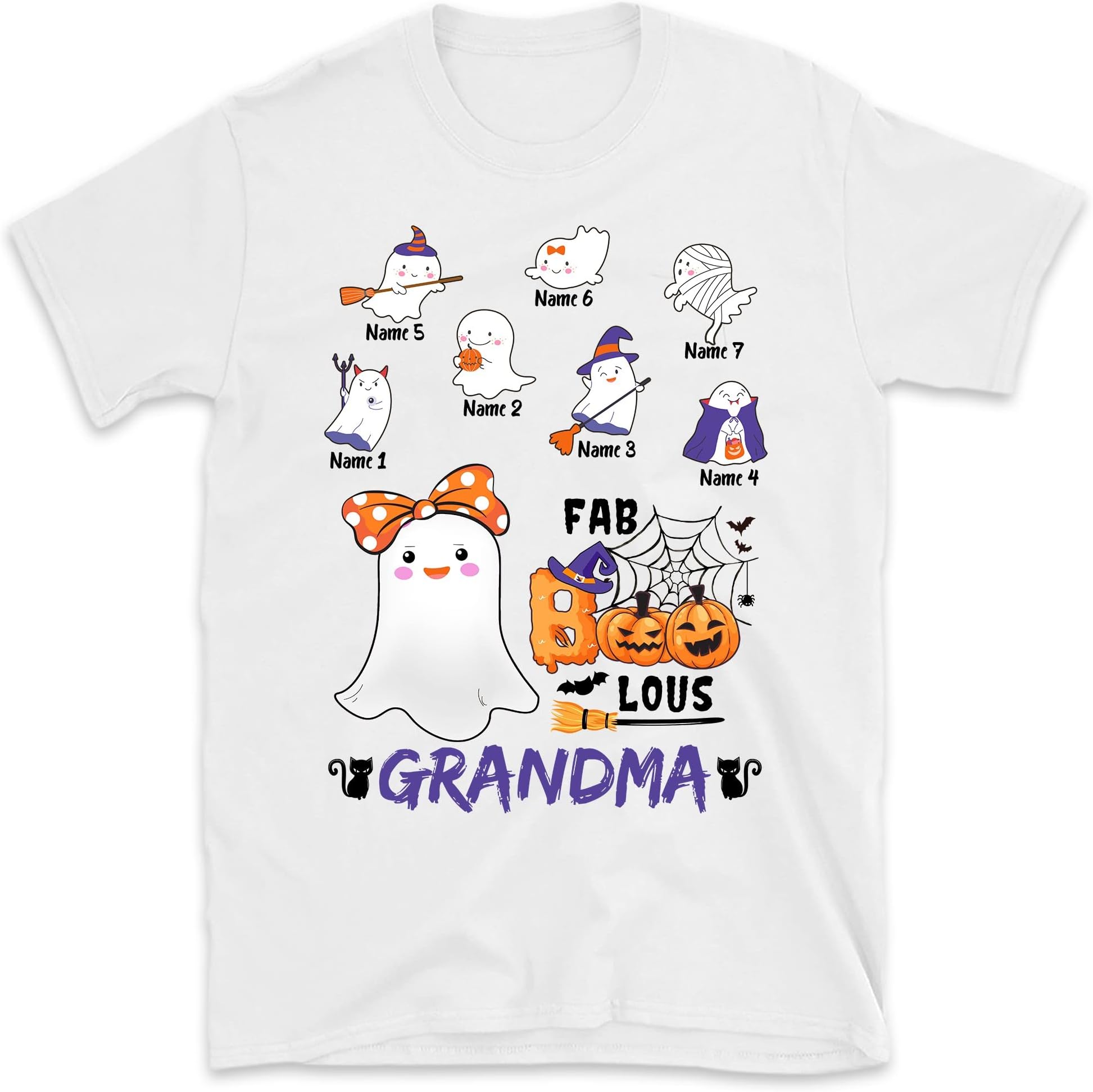 Personalized Fabboolous Grandma Halloween with Little Boo Shirt, Custom Grandma with Grandkids Name Shirt, Grandma Nana Halloween Shirt Multicolored