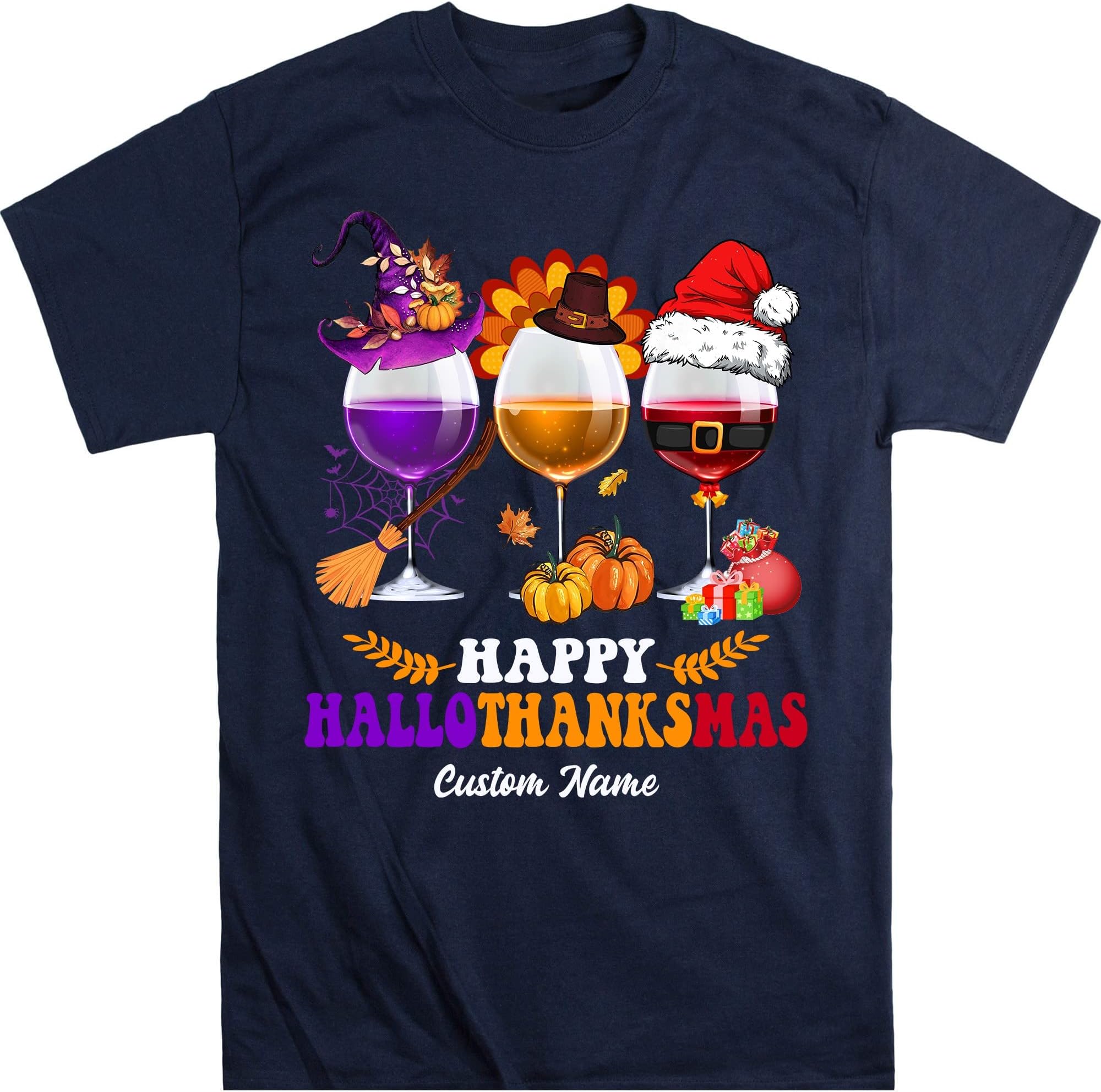 Happy Hallothanksmas Wine Shirt, Halloween Wine Glass, Thanksgiving Wine Glass, Halloween Alcohol, Alcoholic Gift Shirt – Navy/XX-Large