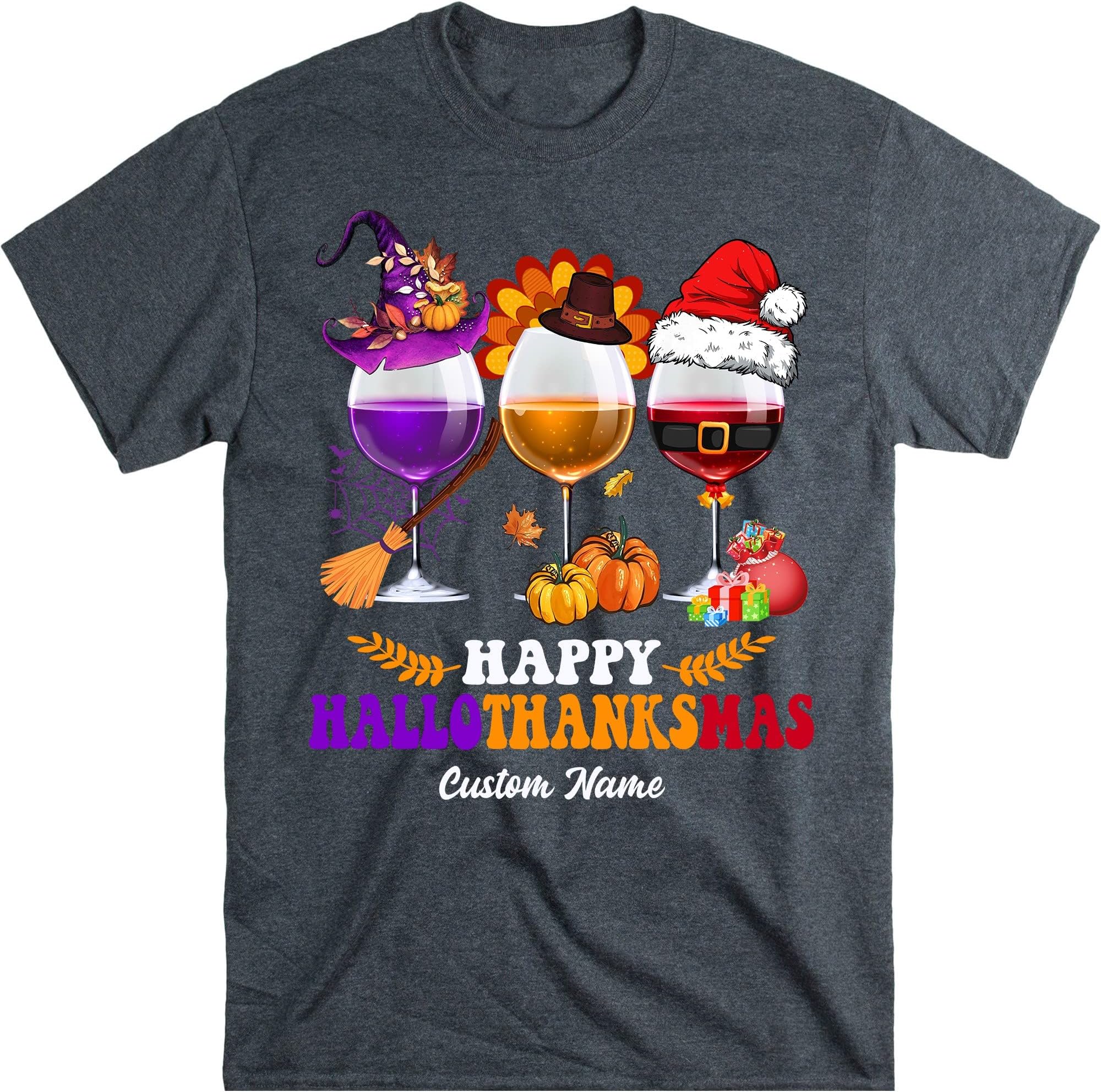 Happy Hallothanksmas Wine Shirt, Halloween Wine Glass, Thanksgiving Wine Glass, Halloween Alcohol, Alcoholic Gift Shirt – Dark Heather/XX-Large