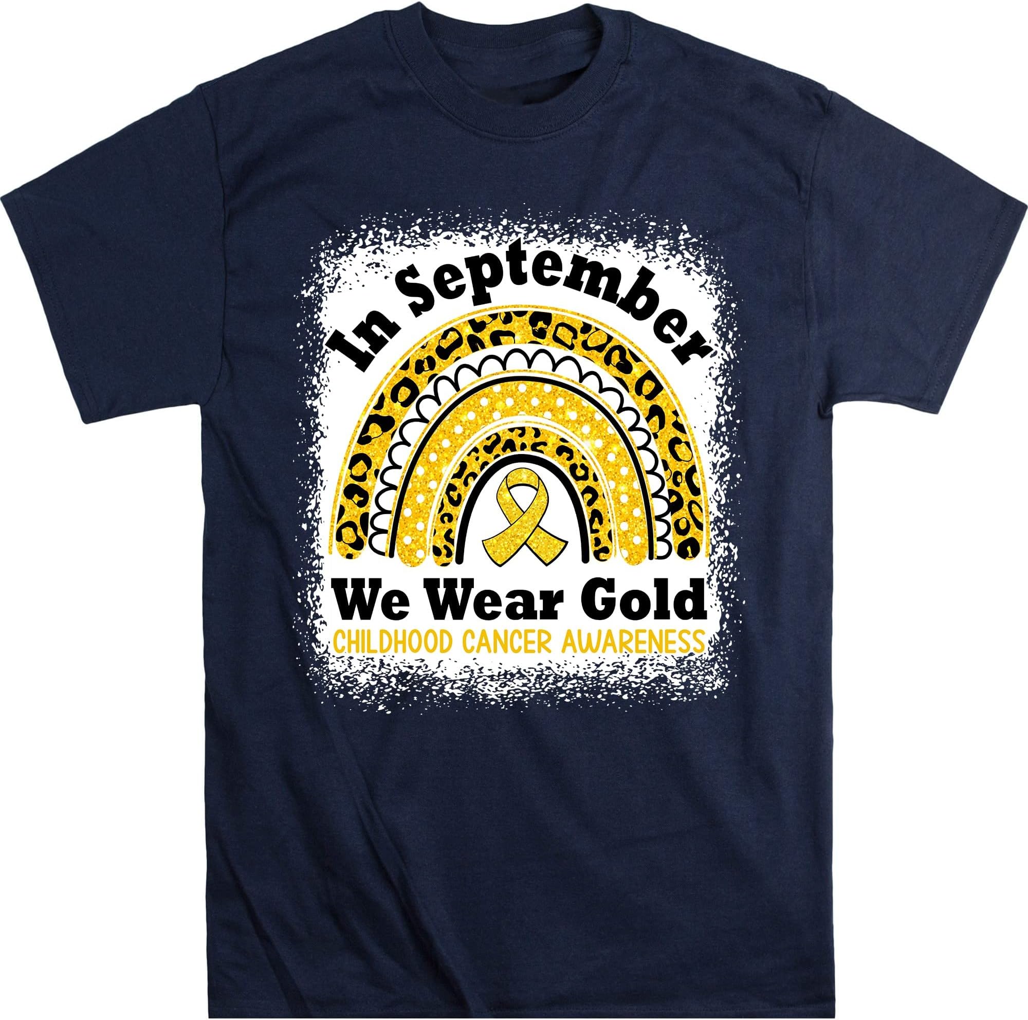 I Wear Gold for Childhood Cancer Awareness Rainbow Shirt, Warrior Shirt, Cancer Support Shirt, Childhood Cancer Ribbon – Navy/Small