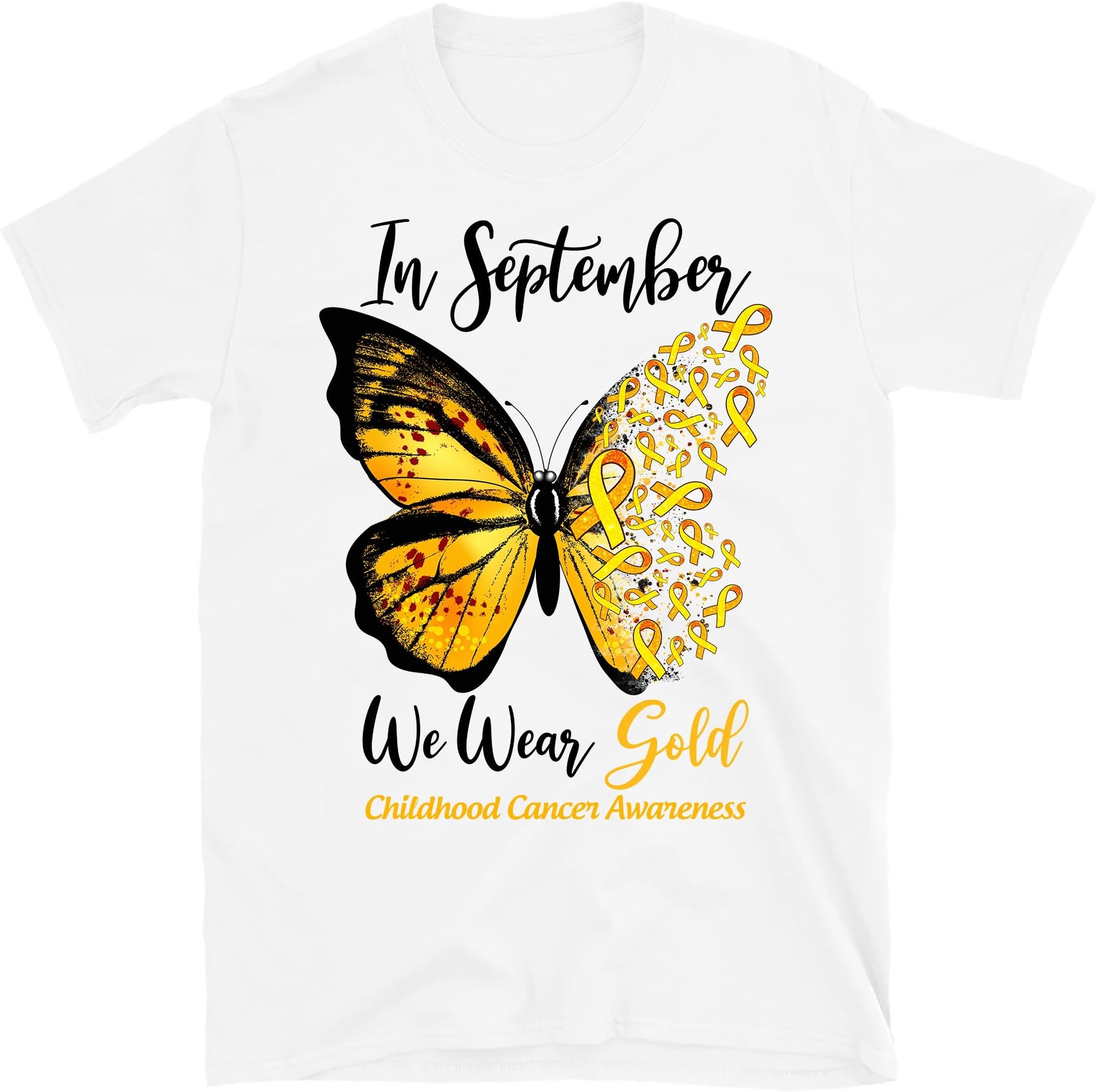 Childhood Cancer Awareness in September We Wear Gold T-Shirt, Warrior Shirt, Cancer Support Shirt, Gold Ribbon Shirt – White/XX-Large