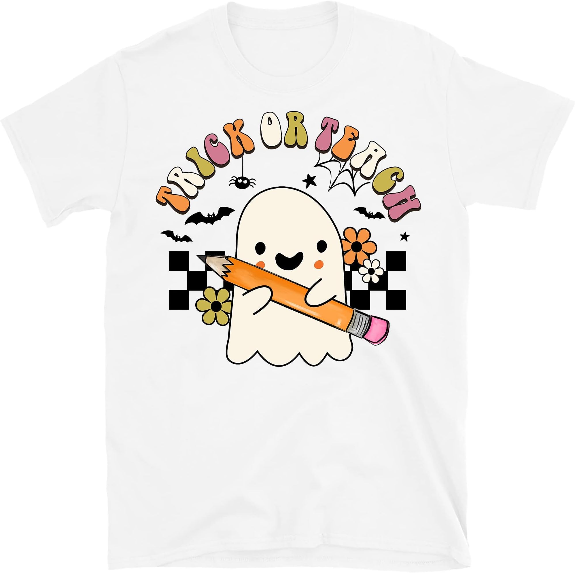 Halloween Teacher Shirt, Trick or Teach T-Shirt, Teacher Retro Tee, Halloween Party,Funny Teacher Shirt for Halloween – White/Small