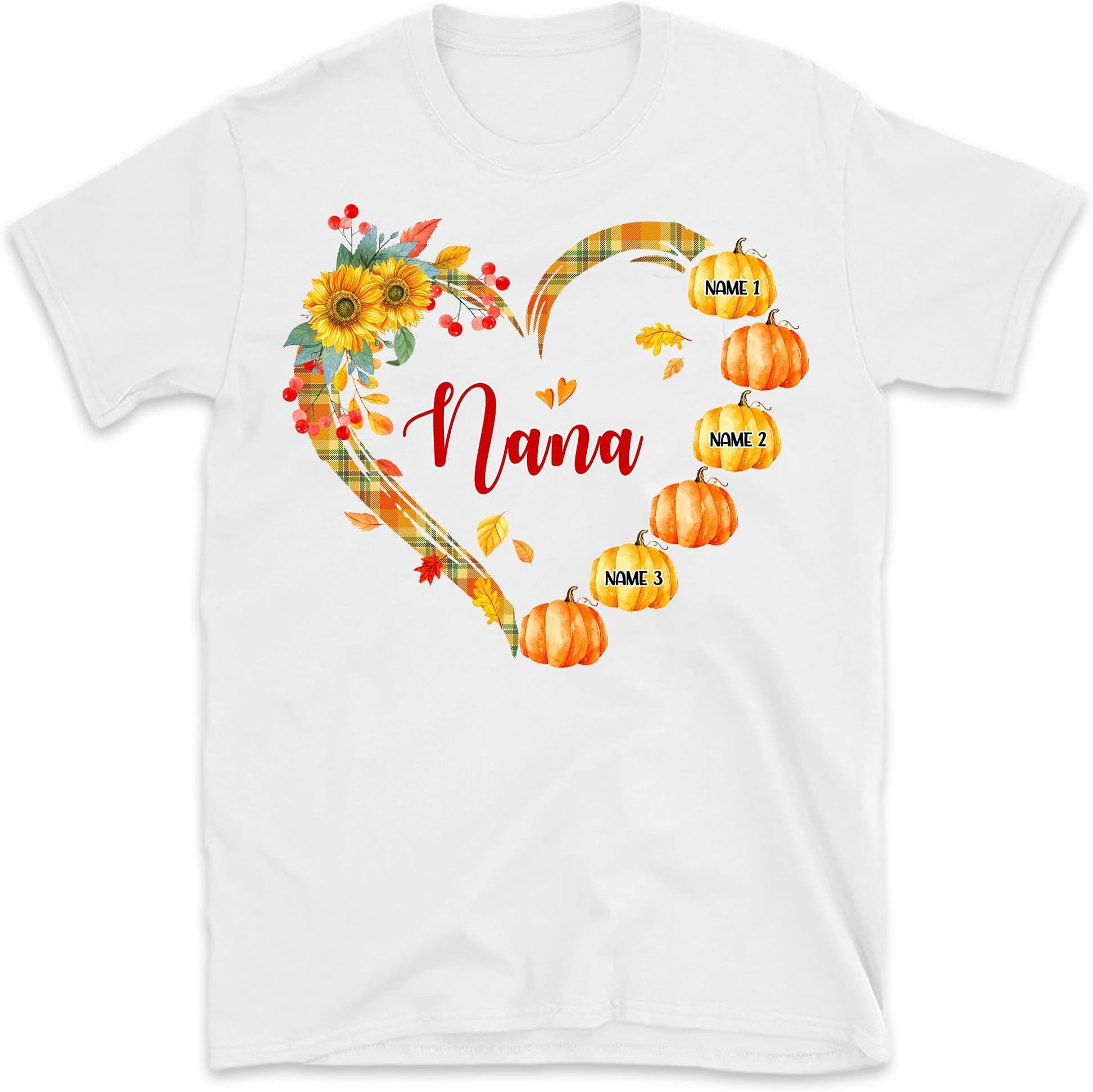 Custom Grandma Fall Sunflowers Pumpkin Shirt with Grandkids Names Personalized Nana Shirt with Kids Name T-Shirt