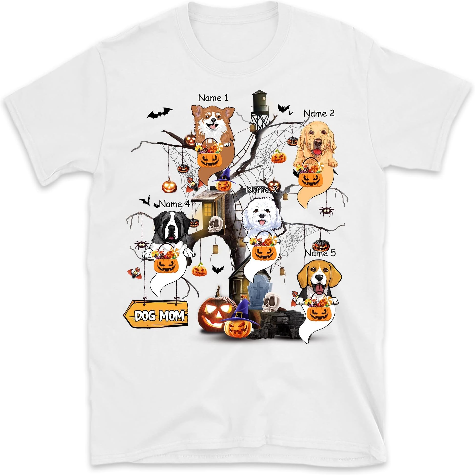 Dog Mom Halloween Tree with Little Ghost Shirt, Custom Dog Breed and Dog Name Shirt, Funny Dog Mom Halloween Shirt Multicolored
