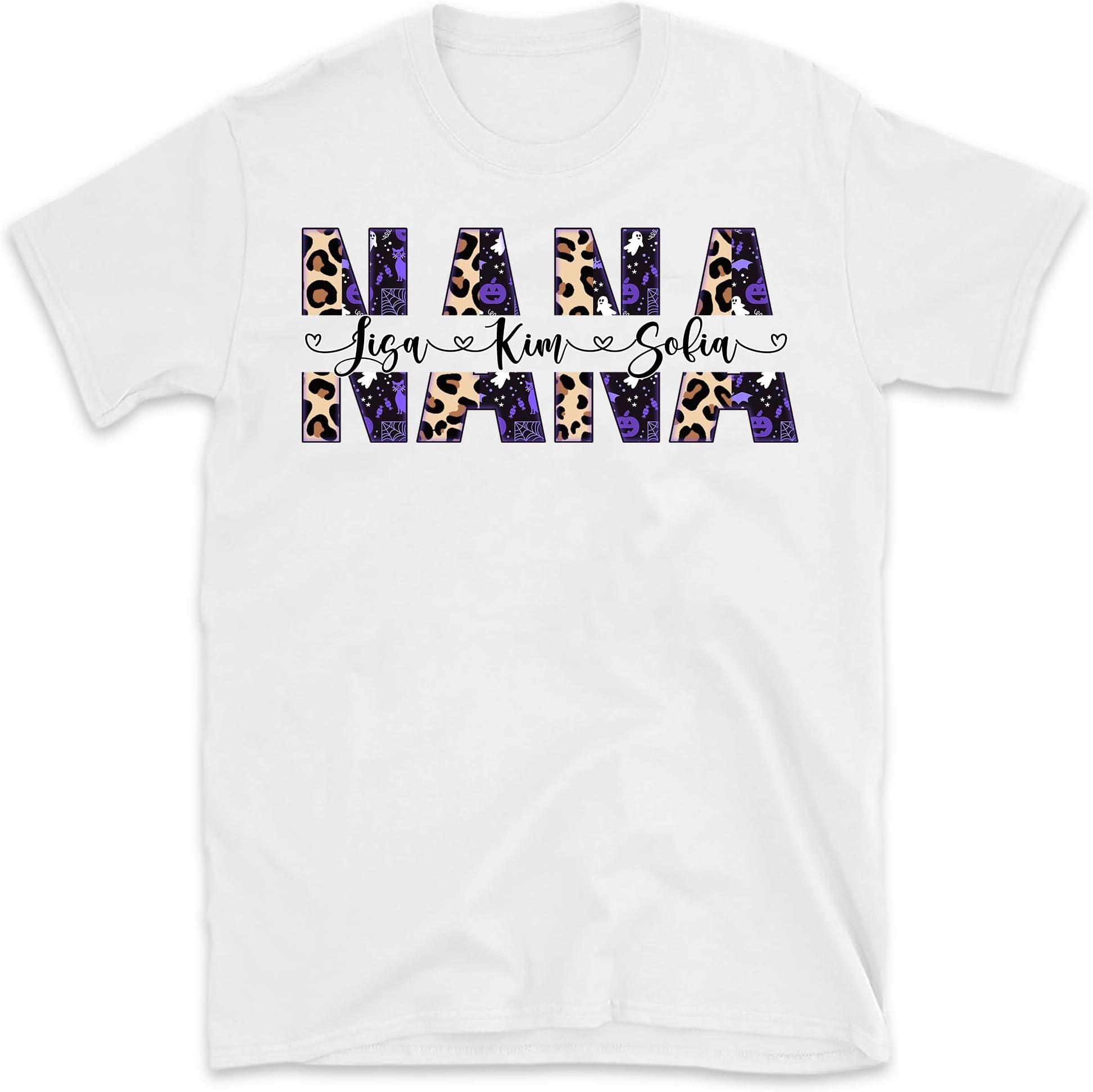 Personalized Grandma Halloween Shirt, Custom Nickname Nana Mimi Tee with Kidnames, Leopard Halloween Shirt