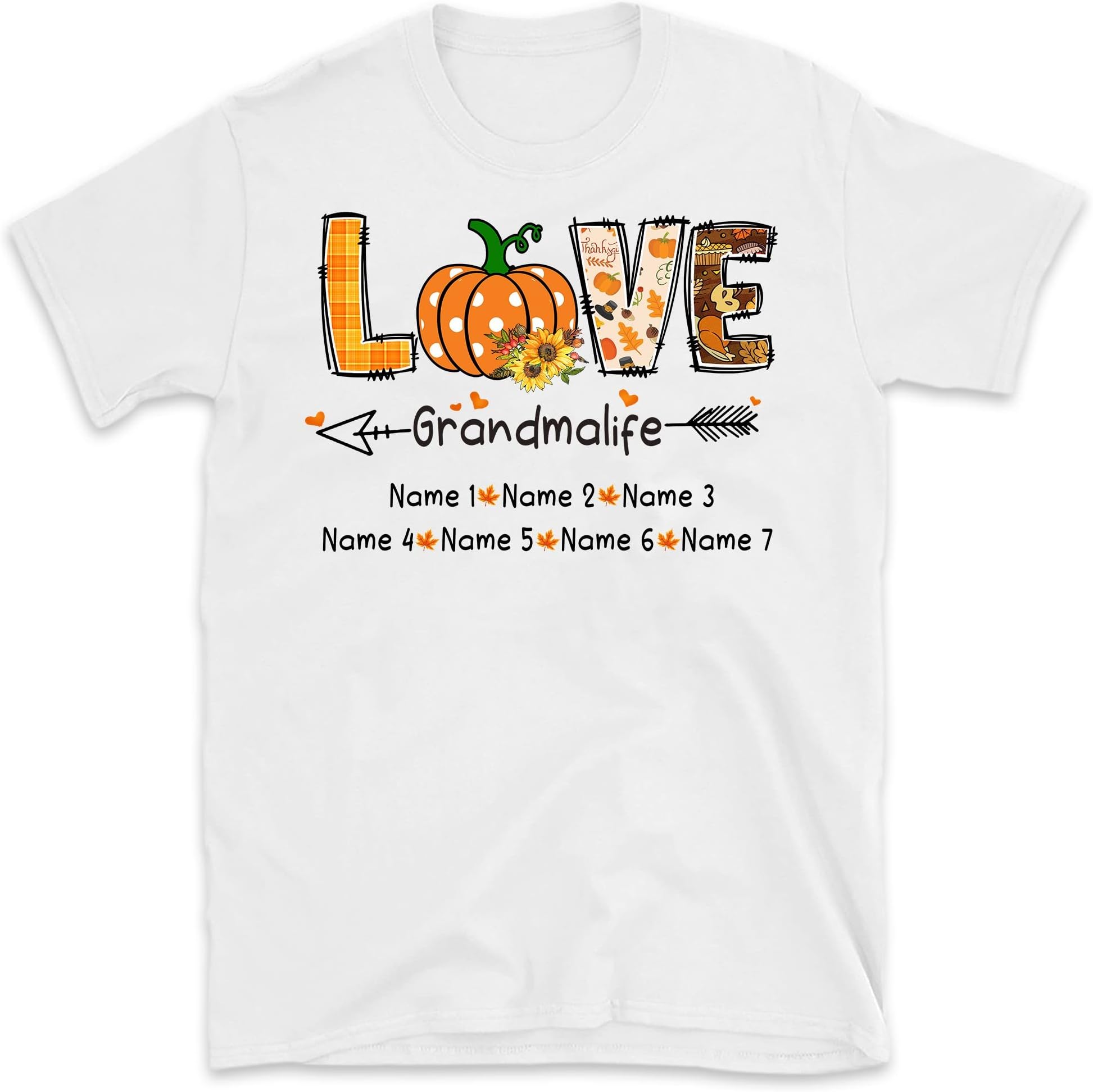 Personalized Love Grandma Life Fall Shirt, Custom Grandma Mimi Tee with Kidnames, Autumn Pumpkin Halloween Thanksgiving