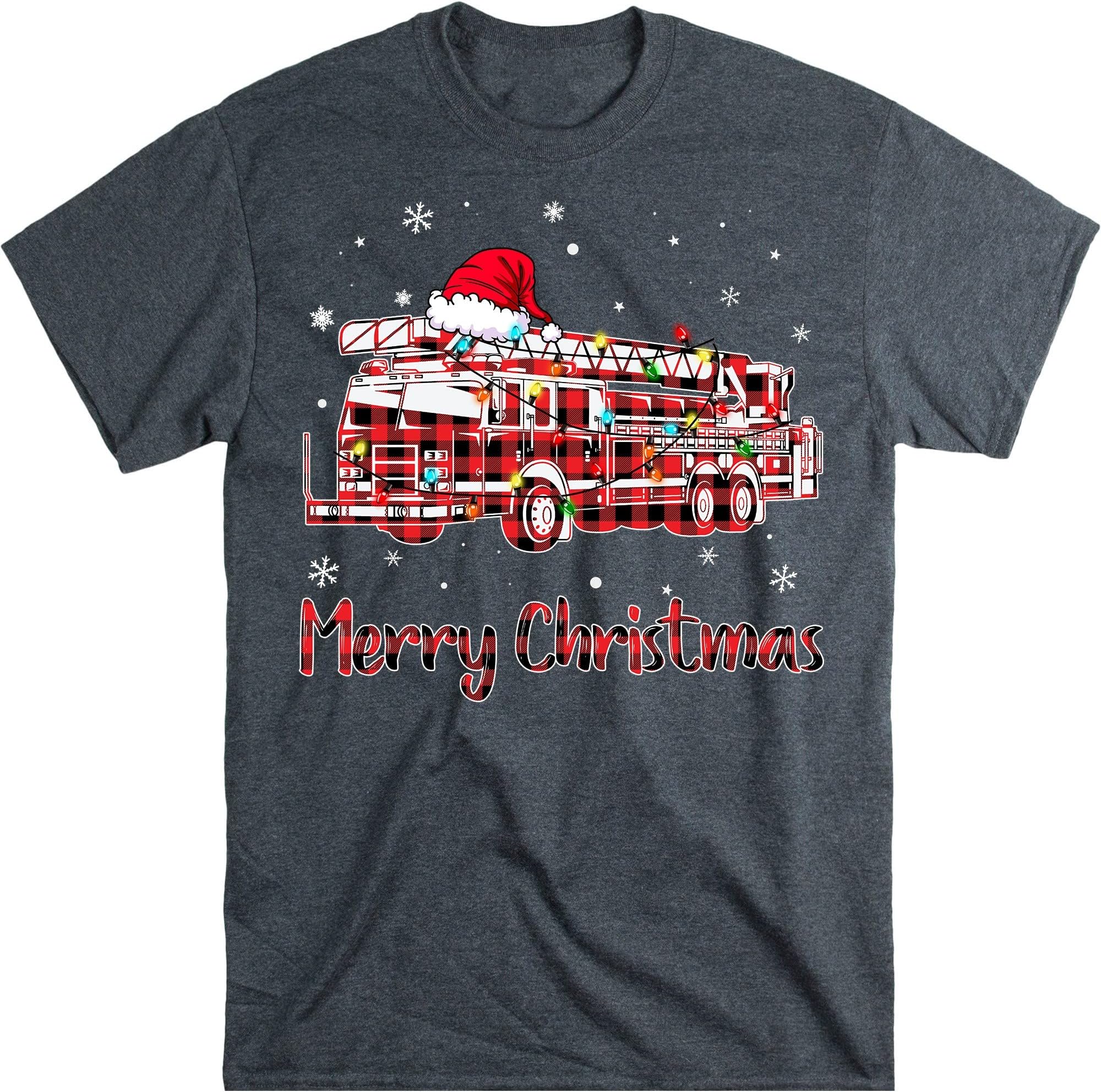 Red Buffalo Plaid Fire Trucker Christmas Lights Shirt, Funny Firefighter Truck Shirt, Fireman Gift – Dark Heather/3X-Large
