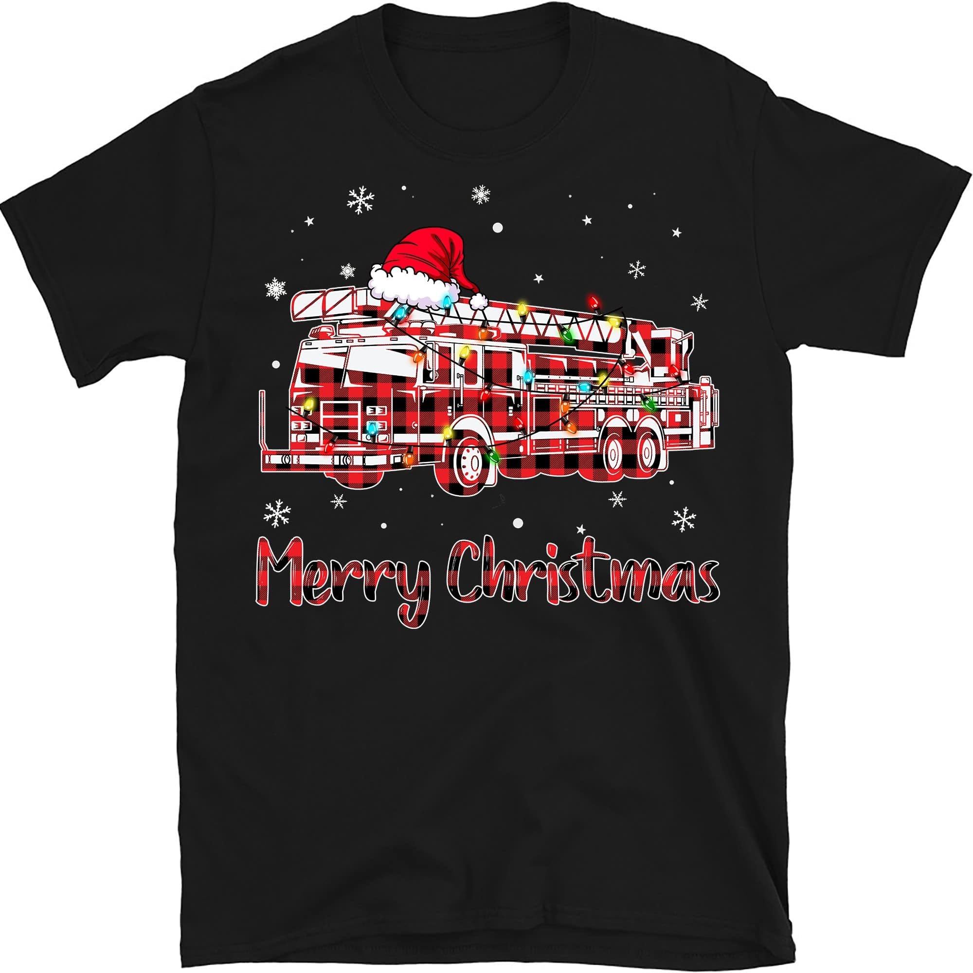 Red Buffalo Plaid Fire Trucker Christmas Lights Shirt, Funny Firefighter Truck Shirt, Fireman Gift – Black/4X-Large