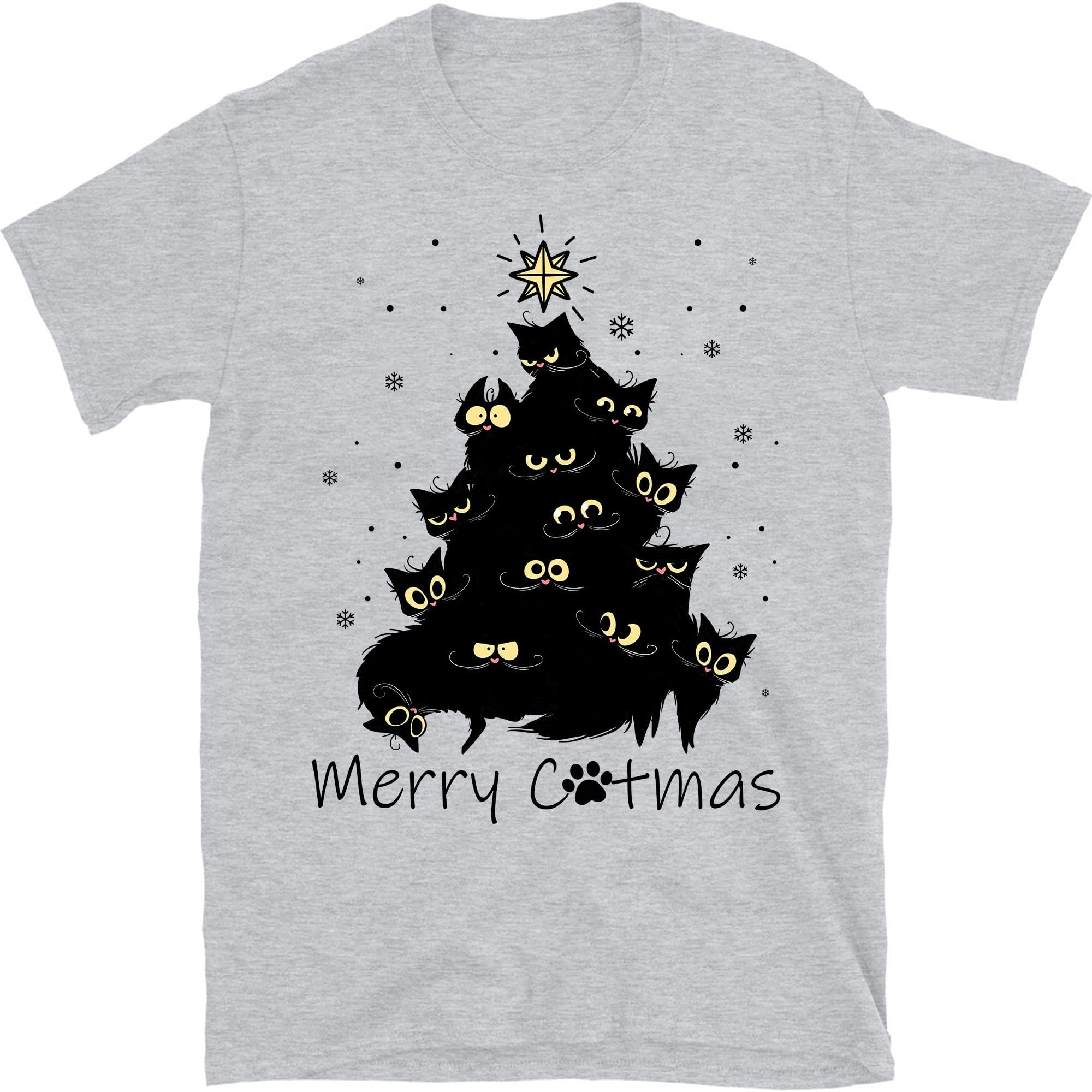 Cat Christmas Shirt, Merry Catmas Tee, Black Cat Christmas Tree Shirt, Christmas Cat Shirts, Cat Lover Shirt – Sport Grey/Small