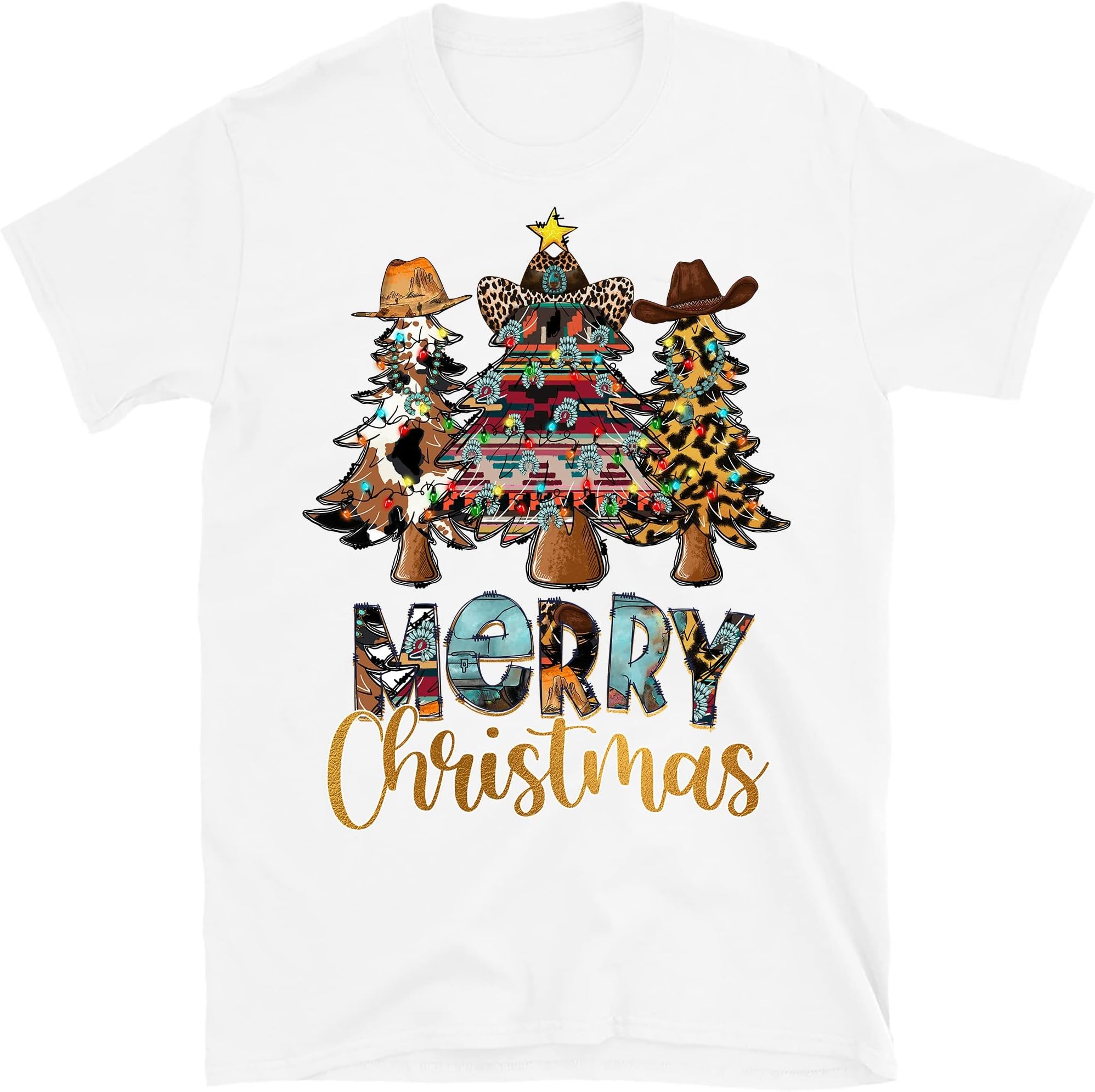 Merry Christmas Cowboy Tree, Merry Christmas Trees T-Shirt, Cow Hide Shirt, Christmas Tree, Western Christmas Tee – White/3X-Large