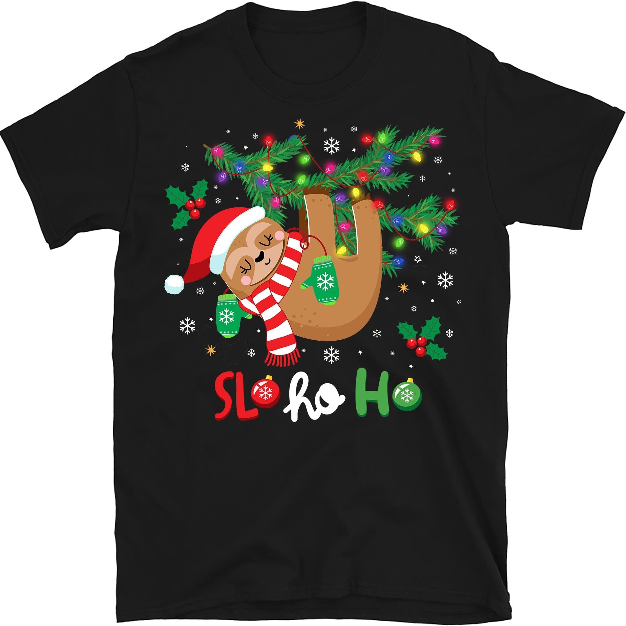 Merry Slothmas Shirt, Santa Sloth Lights Sloth Lover Gift Sloth T-Shirt, Sloth Christmas Tree Funny Shirt – Black/Medium